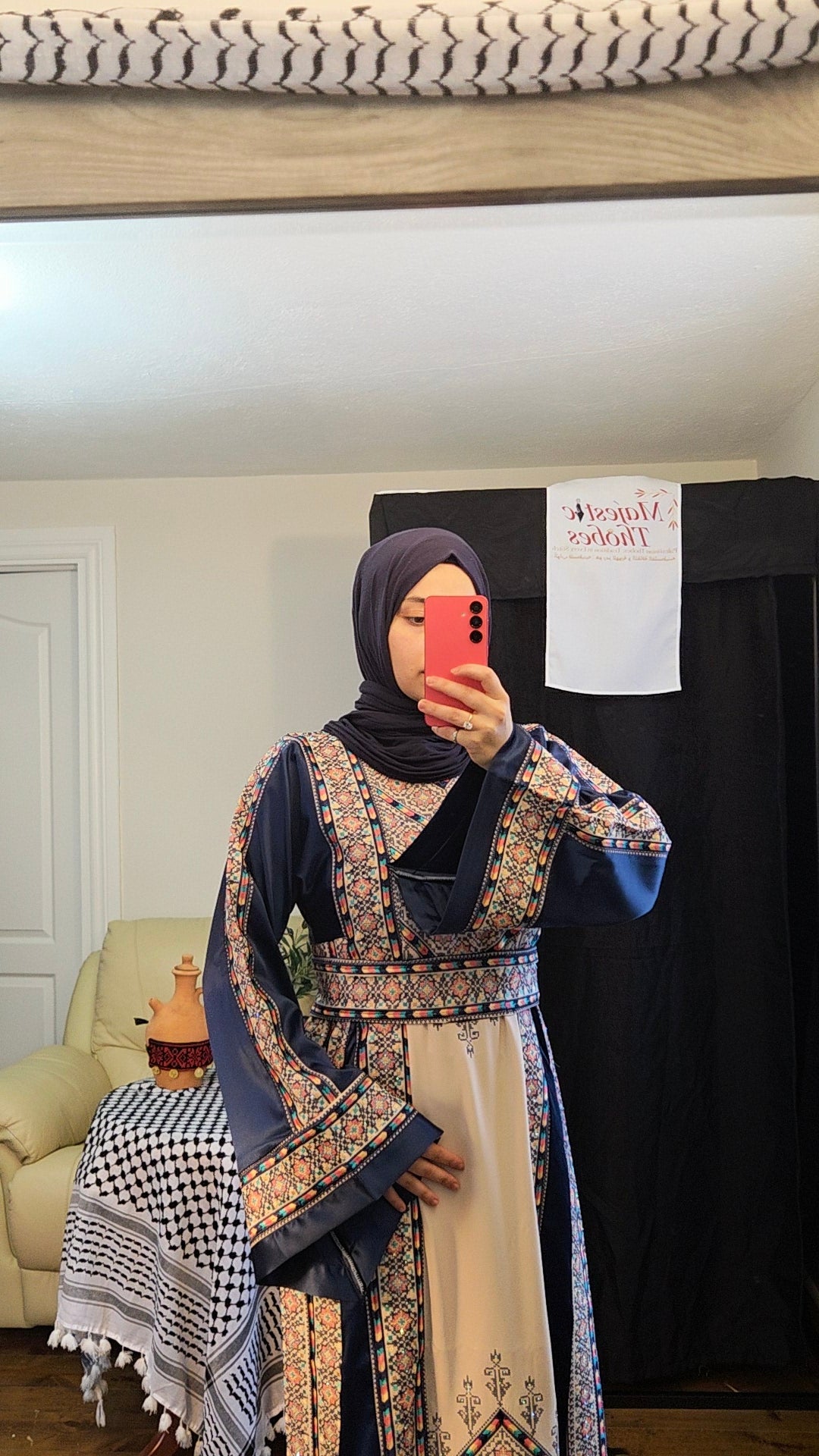 Nabuls Thobe - Navy and Beige Traditional Full tatreez back and front Thobe ( No veil)