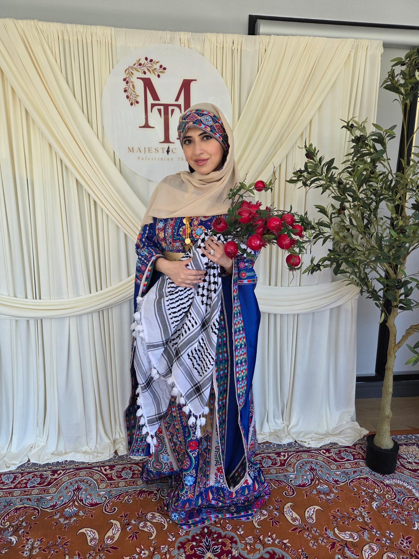 The Celine Thobe - Palestinian Embroidered Blue & Golden Thobe with Matching Head Veil, Belt & Extra Long Sleeves | Traditional Tatreez Dress