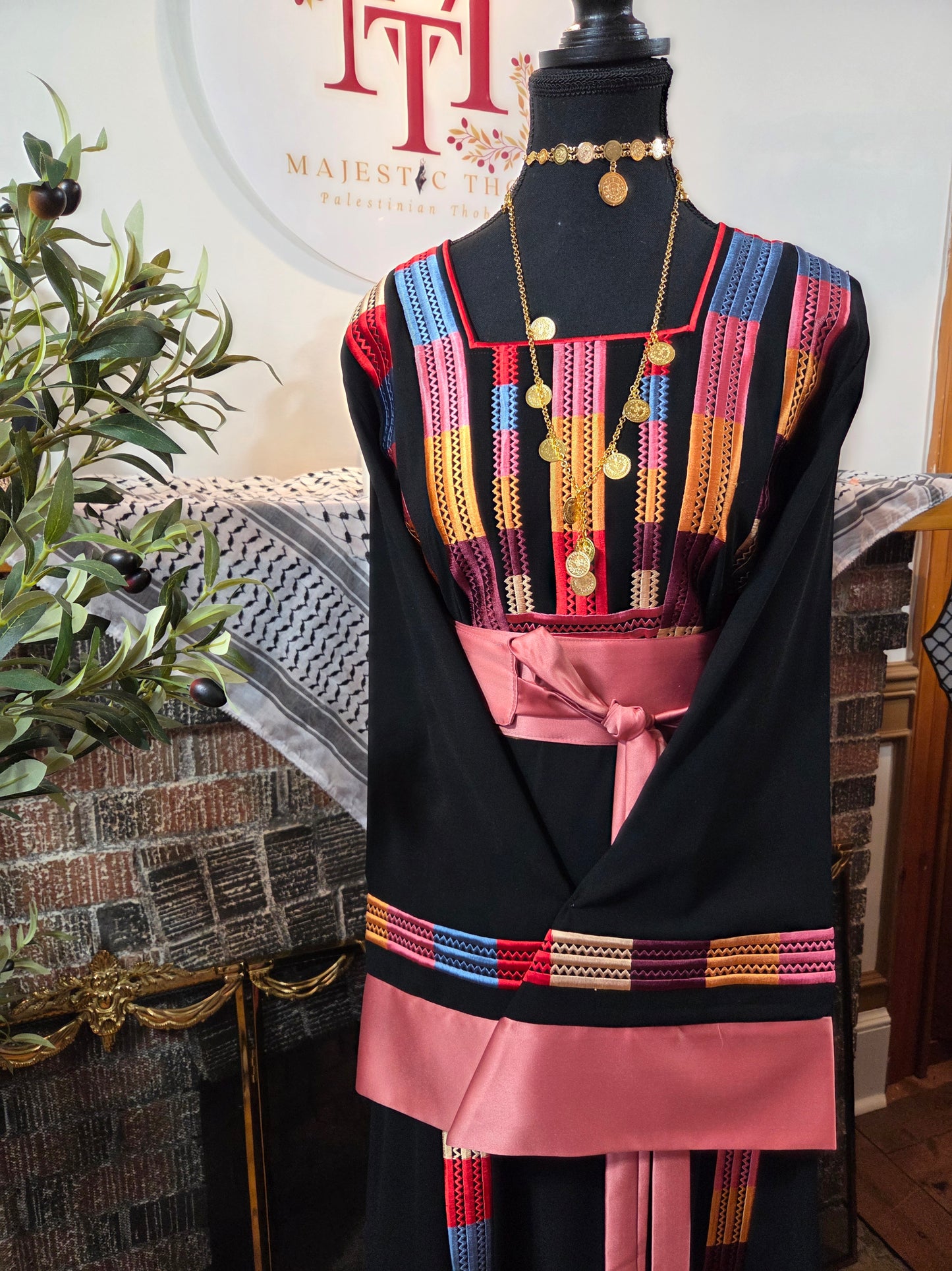 Lara Thobe - Multicolor Satin Pink Sleeve Thobe Tatreez Thobe