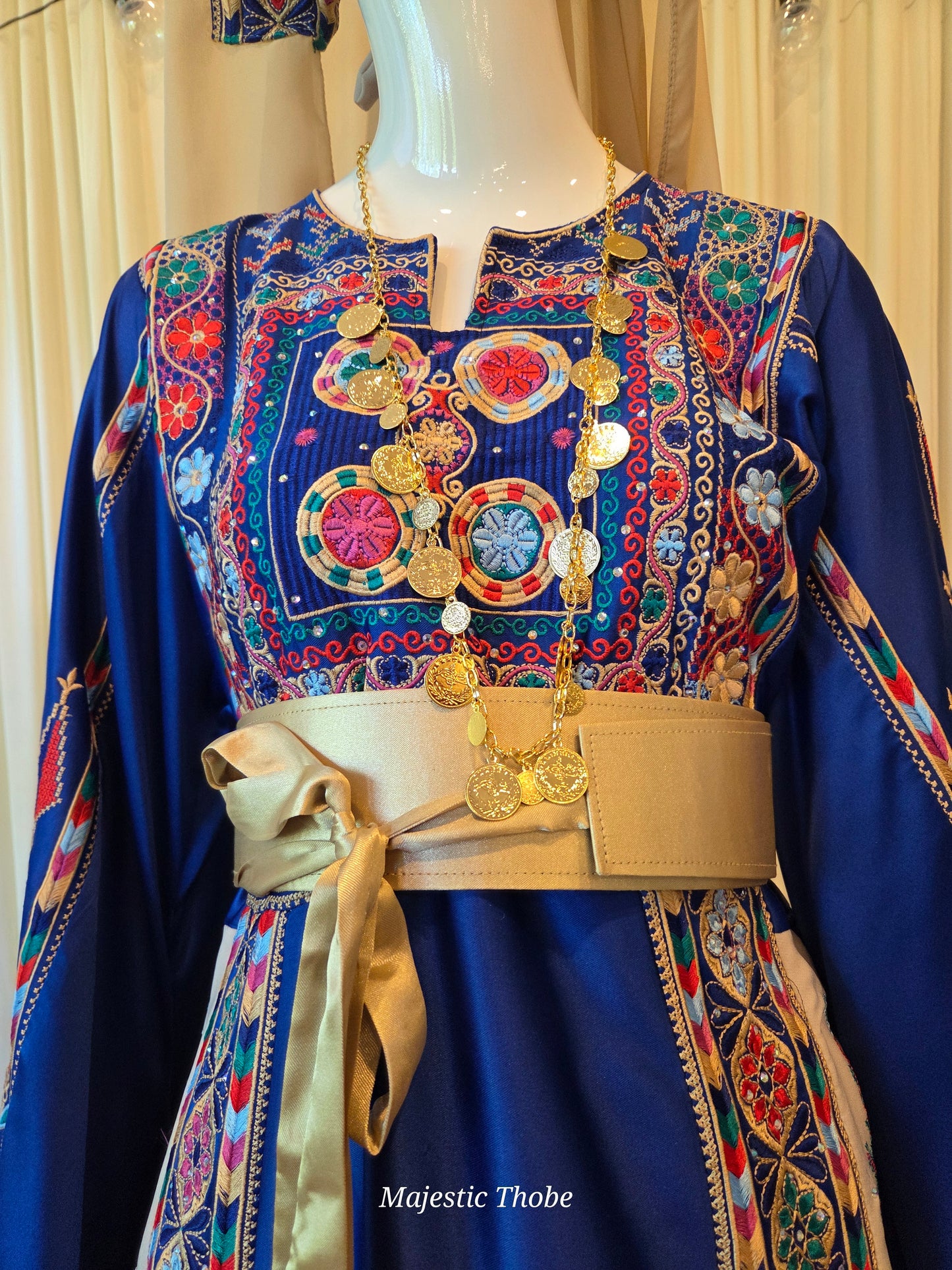 The Celine Thobe - Palestinian Embroidered Blue & Golden Thobe with Matching Head Veil, Belt & Extra Long Sleeves | Traditional Tatreez Dress