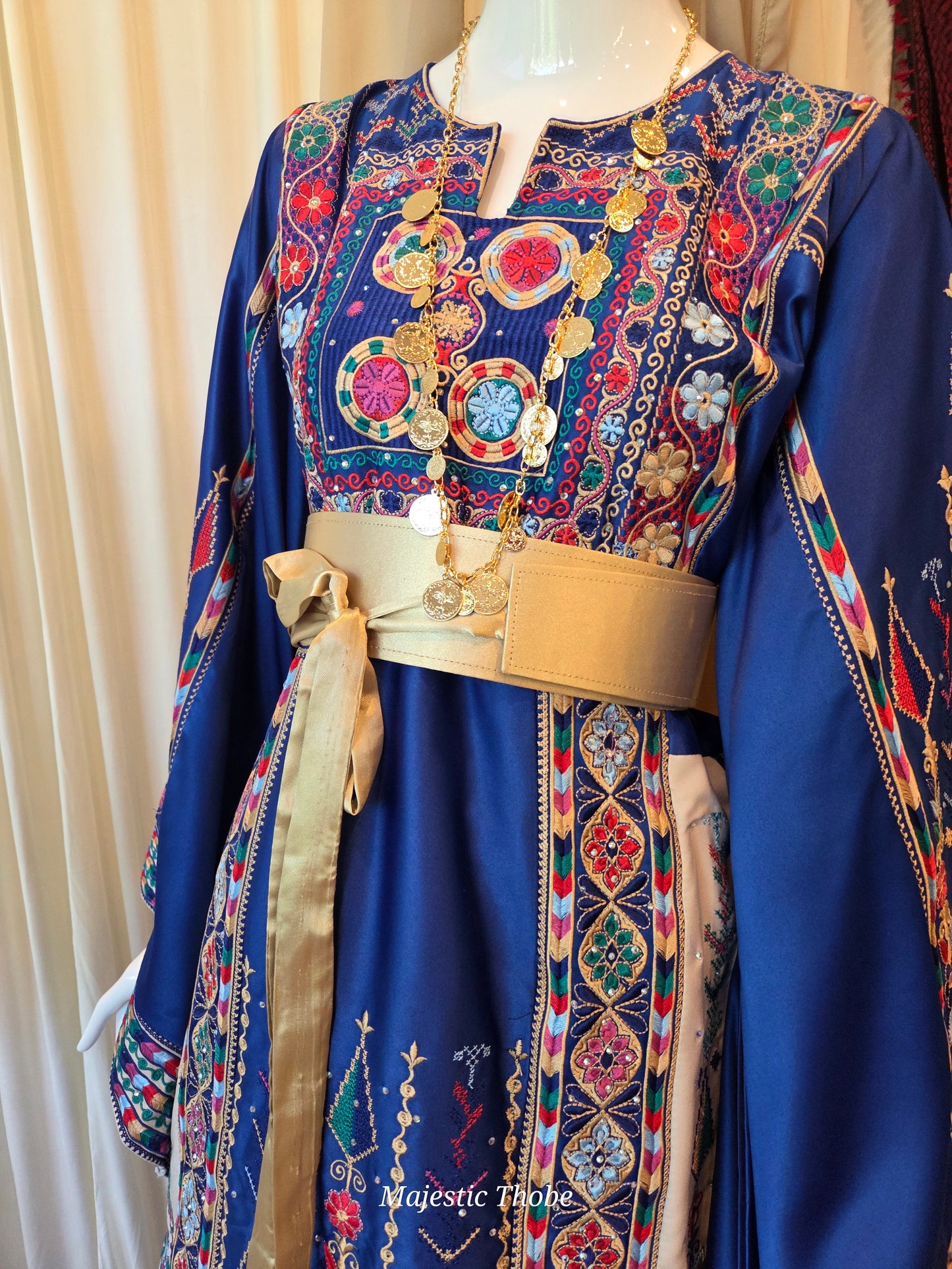 The Celine Thobe - Palestinian Embroidered Blue & Golden Thobe with Matching Head Veil, Belt & Extra Long Sleeves | Traditional Tatreez Dress