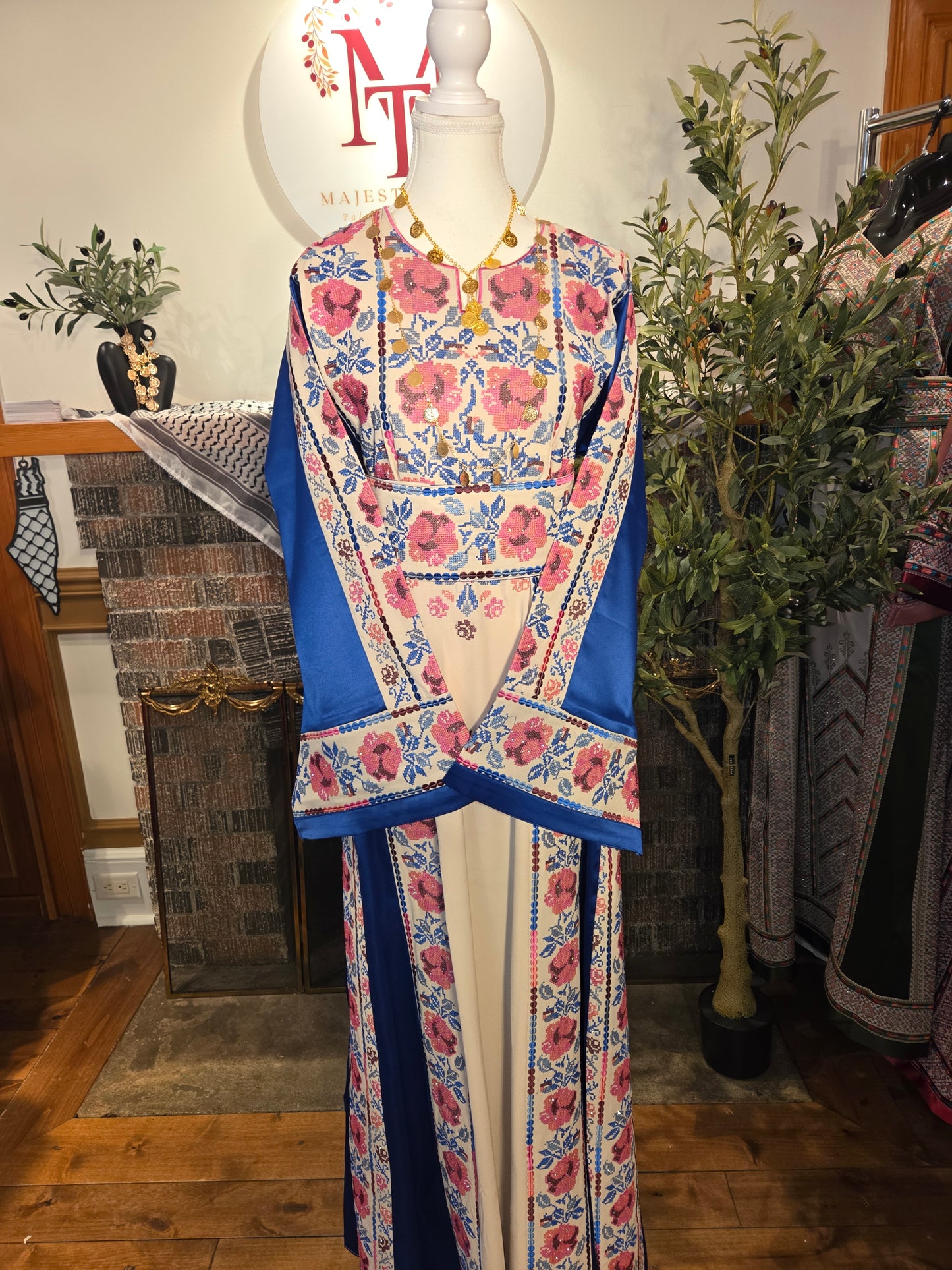 Warda Thobe - Blue & Pink Traditional Full Tatreez Back and Front With Satin Thobe