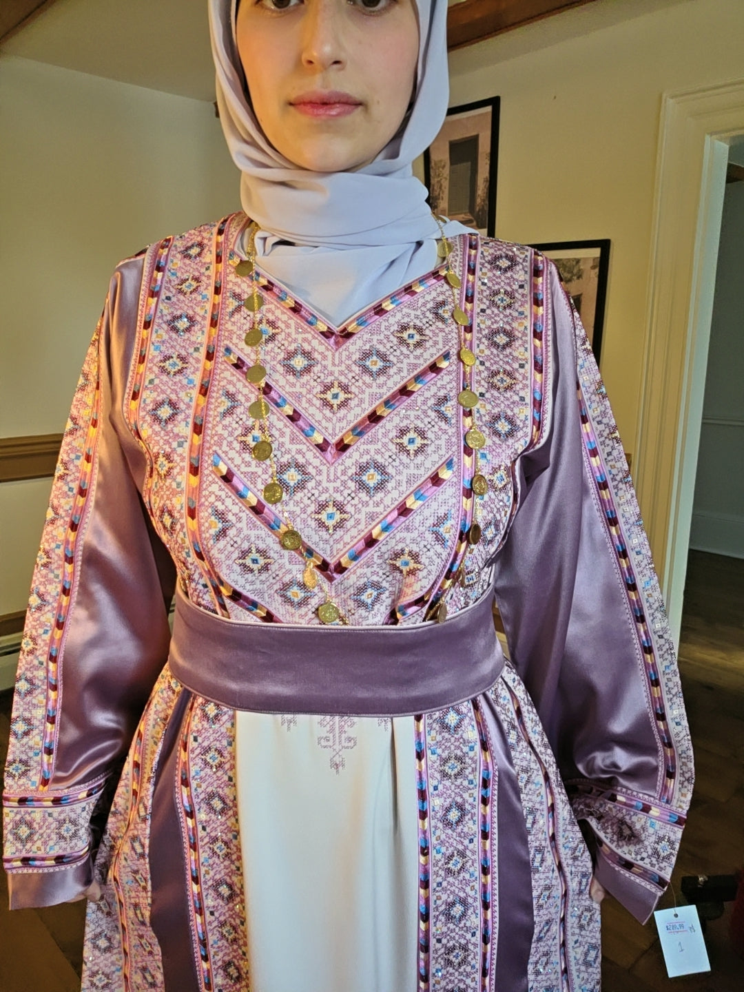 Nabuls Thobe - Lilac and Beige Traditional Full Tatreez Thobe ( No veil)