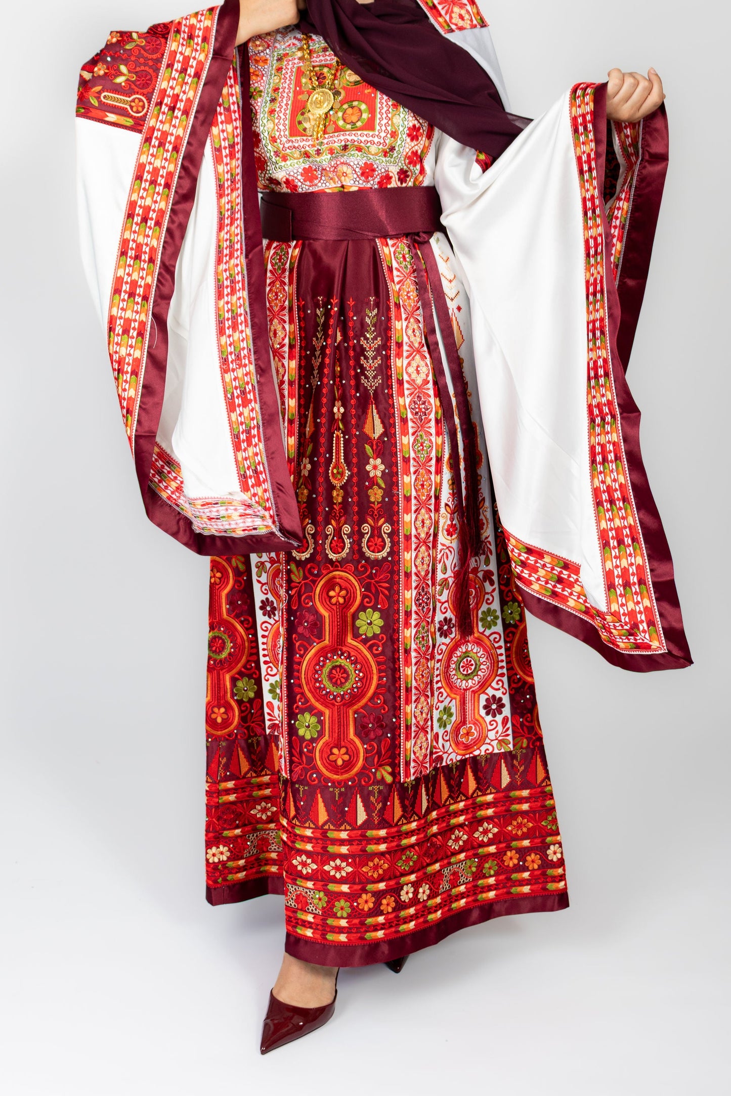 The Celine Thobe - Palestinian Embroidered White & Burgendy Thobe with Matching Head Veil, Belt & Extra Long Sleeves | Traditional Tatreez Dress