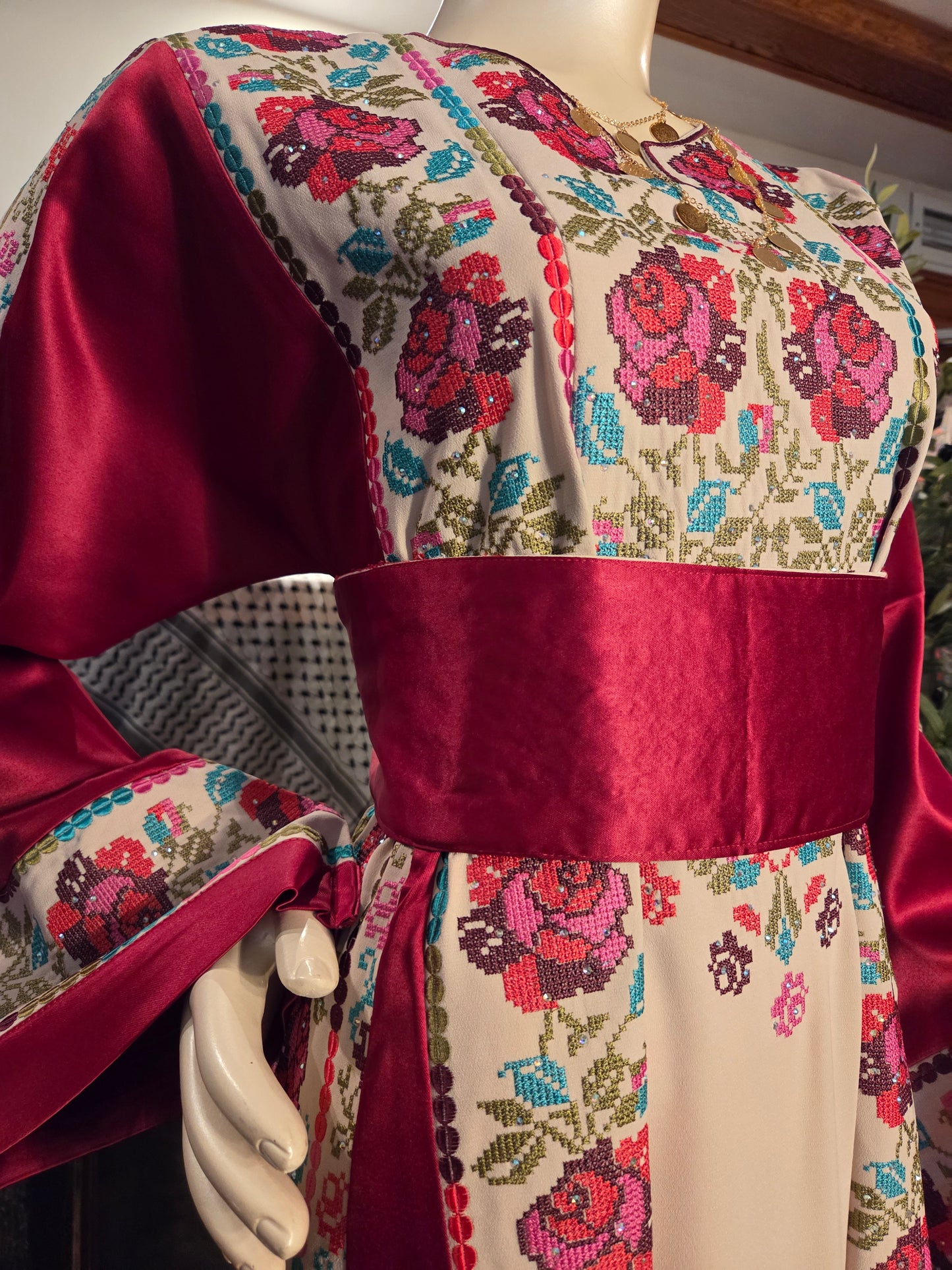 Warda Thobe - Burgundy Traditional Full Tatreez Back and Front With Satin Thobe
