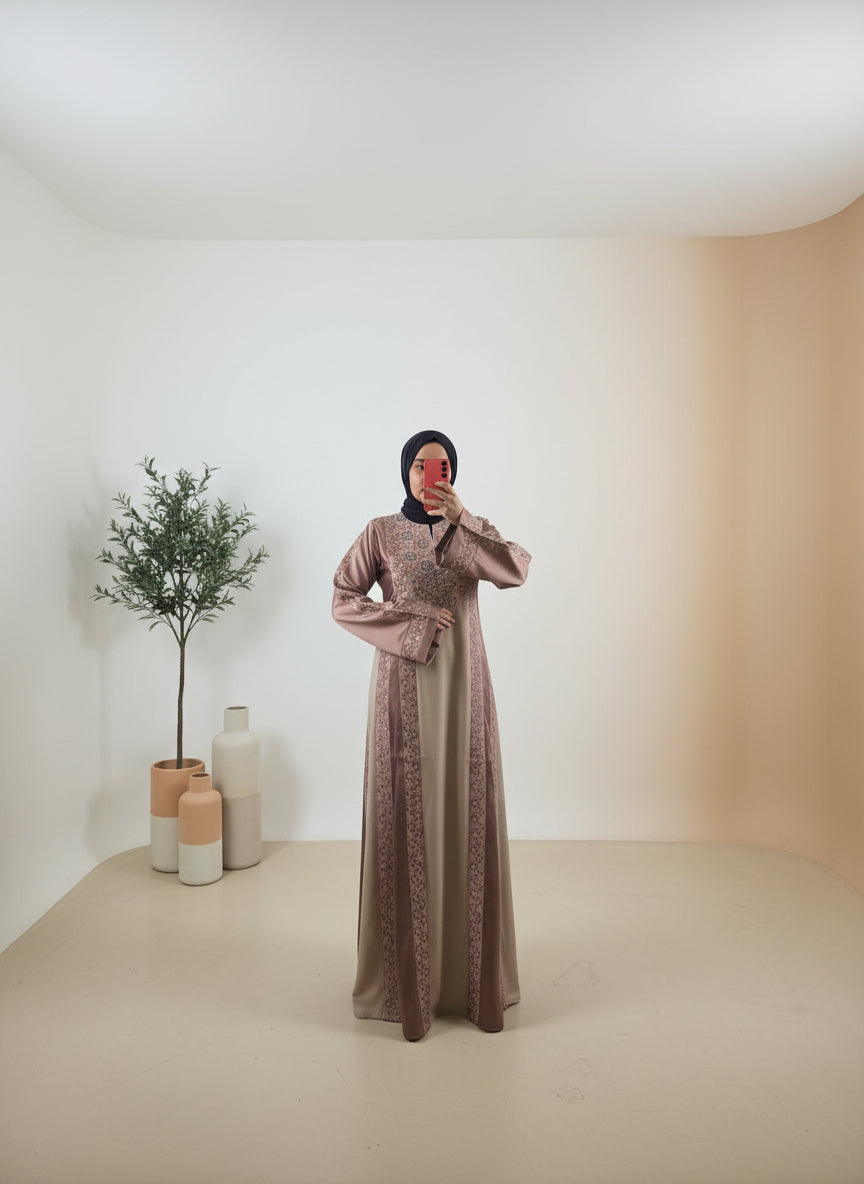 The Poppy Flower Thobe - Light Pink/Beige With Flowers & Sparkle Traditional Long Sleeve Full Embroidered Palestinian Thobe/Dress