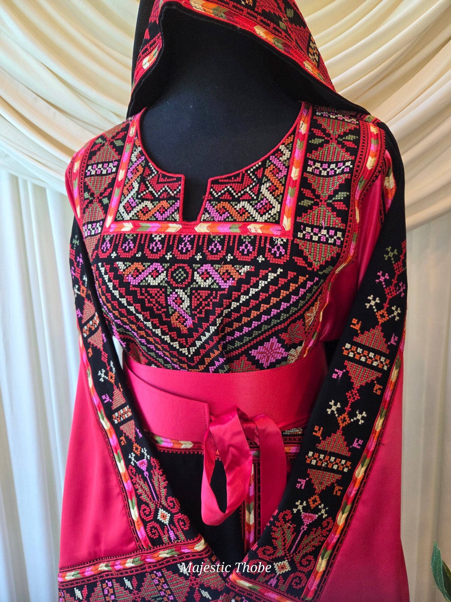 The Ella Thobe -  Black & Red Diamond Traditional Full Tatreez Back and Front Thobe With Matching Head Veil
