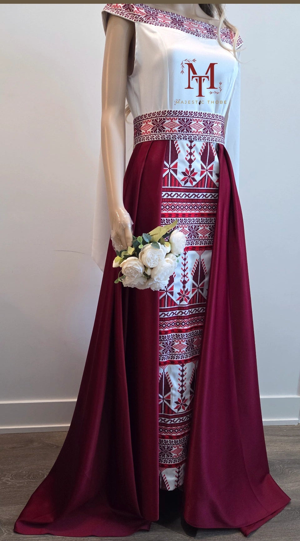 'Yaffa Thobe - Burgundy and White Bridal sleeveless Off Shoulder Long Train Thobe Dress (Embroidered Tatreez Palestinian Jordanian Thobe)