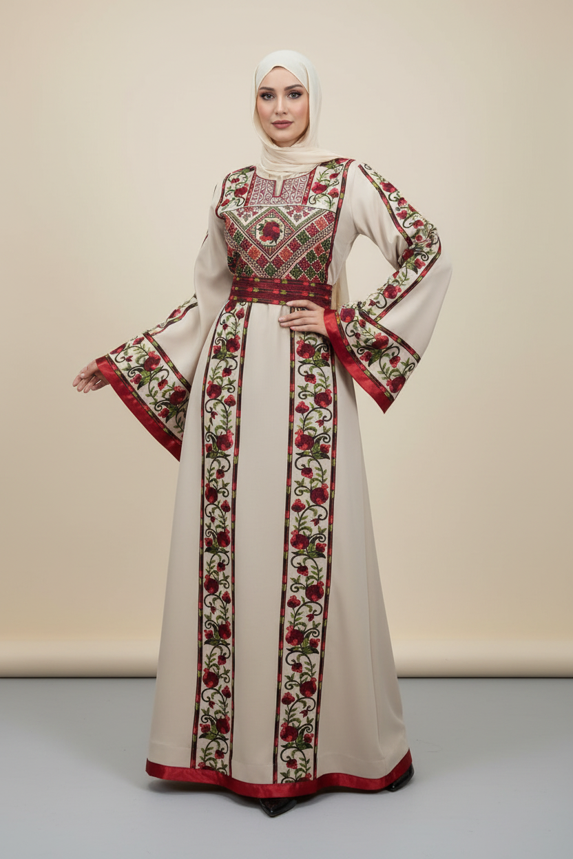 Romana Pomegranate Thobe/Dress Beige and Red Traditional Full Tatreez Back and Front Thobe