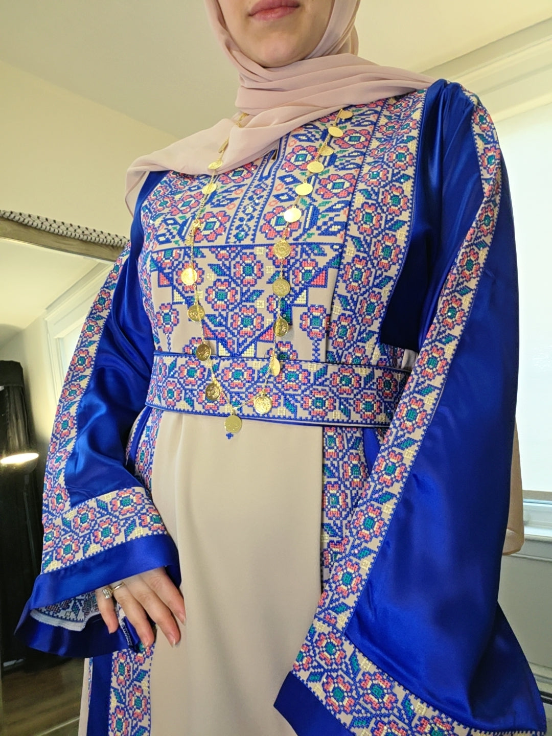 The Poppy Flower Thobe - Bright Blue/Beige With Flowers & Sparkle Traditional Long Sleeve Full Embroidered Palestinian Thobe/Dress