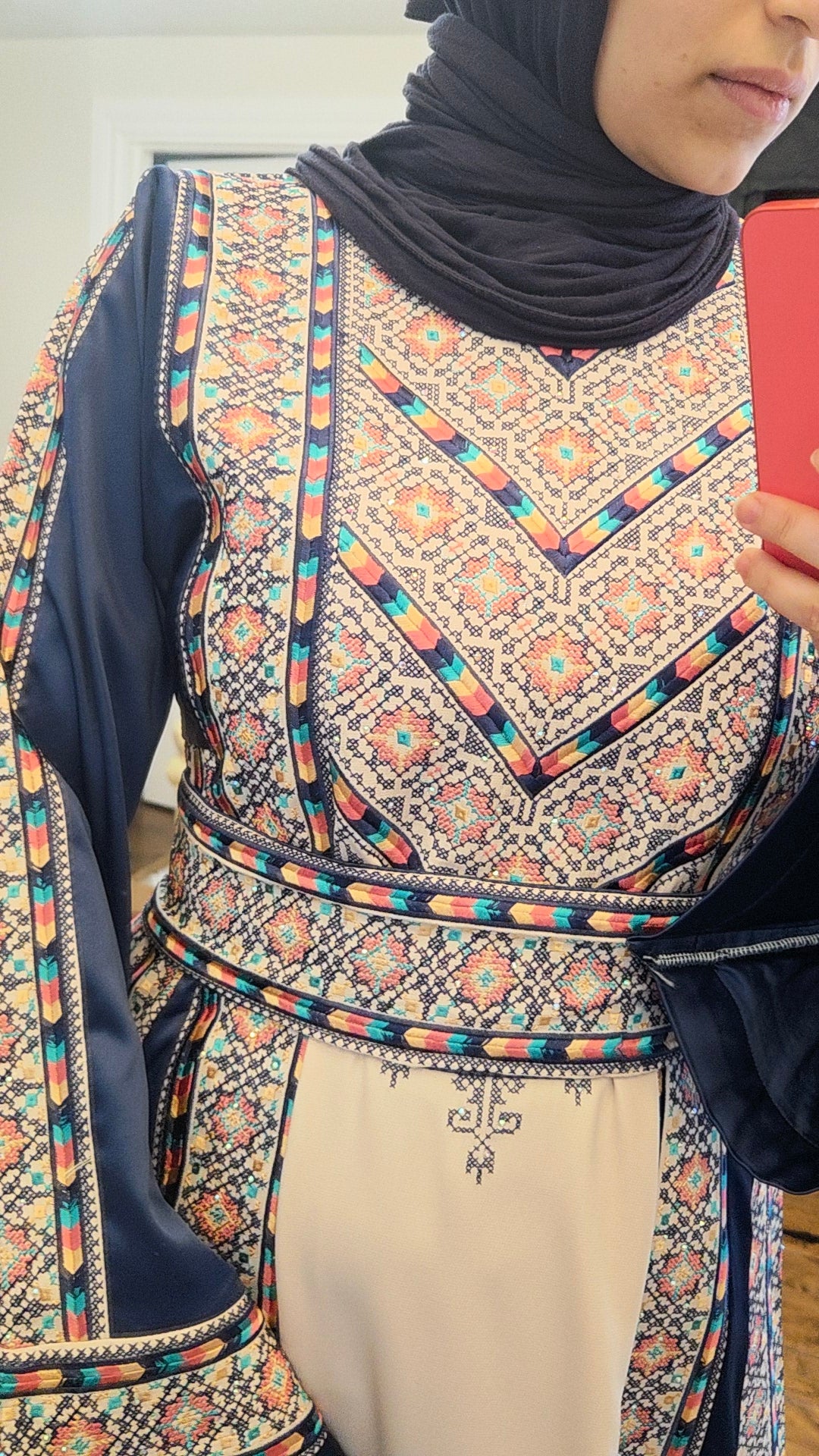 Nabuls Thobe - Navy and Beige Traditional Full tatreez back and front Thobe ( No veil)
