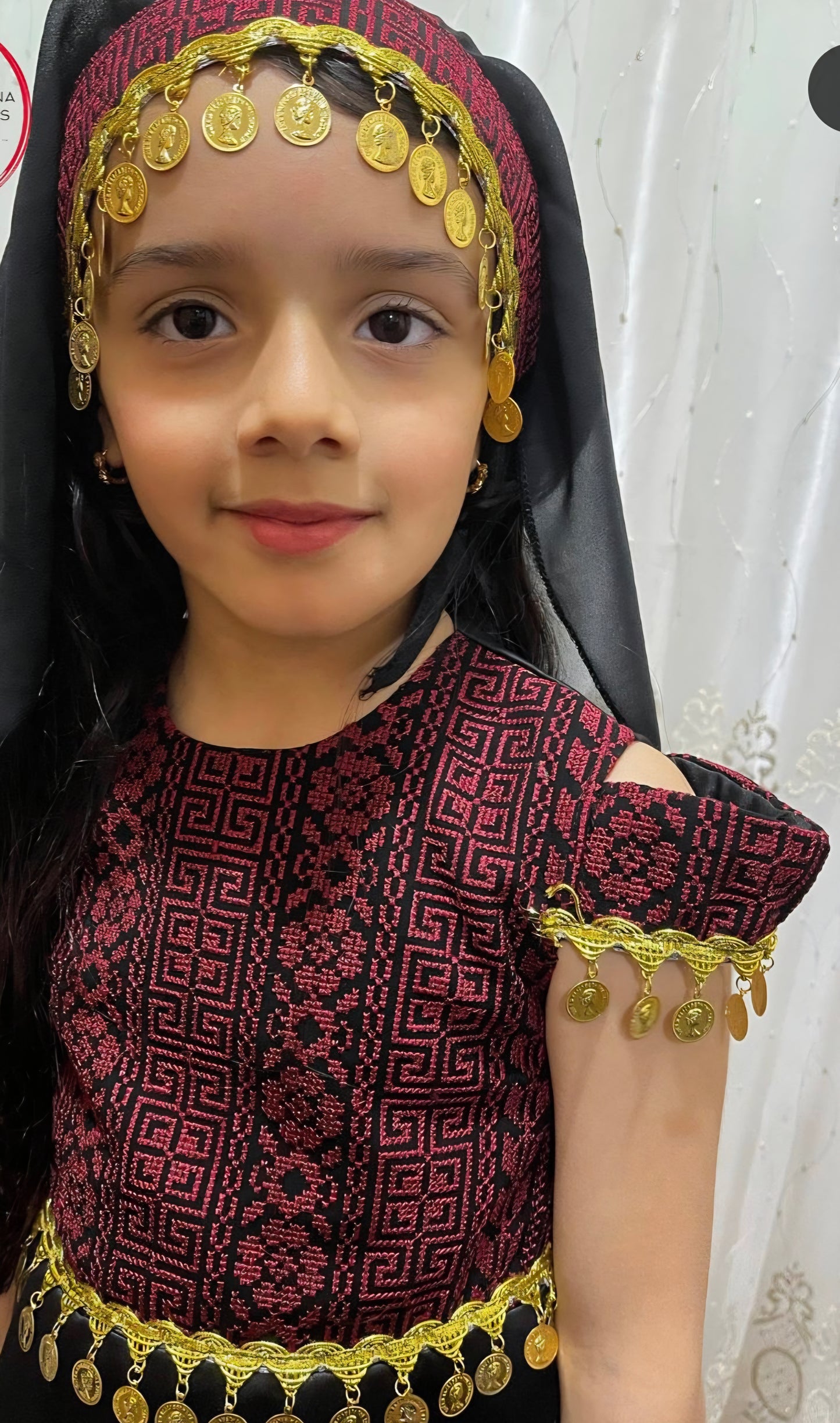 Kids Black & Pink Sleeveless Full Embroidered Palestinian Thobe with head Veil