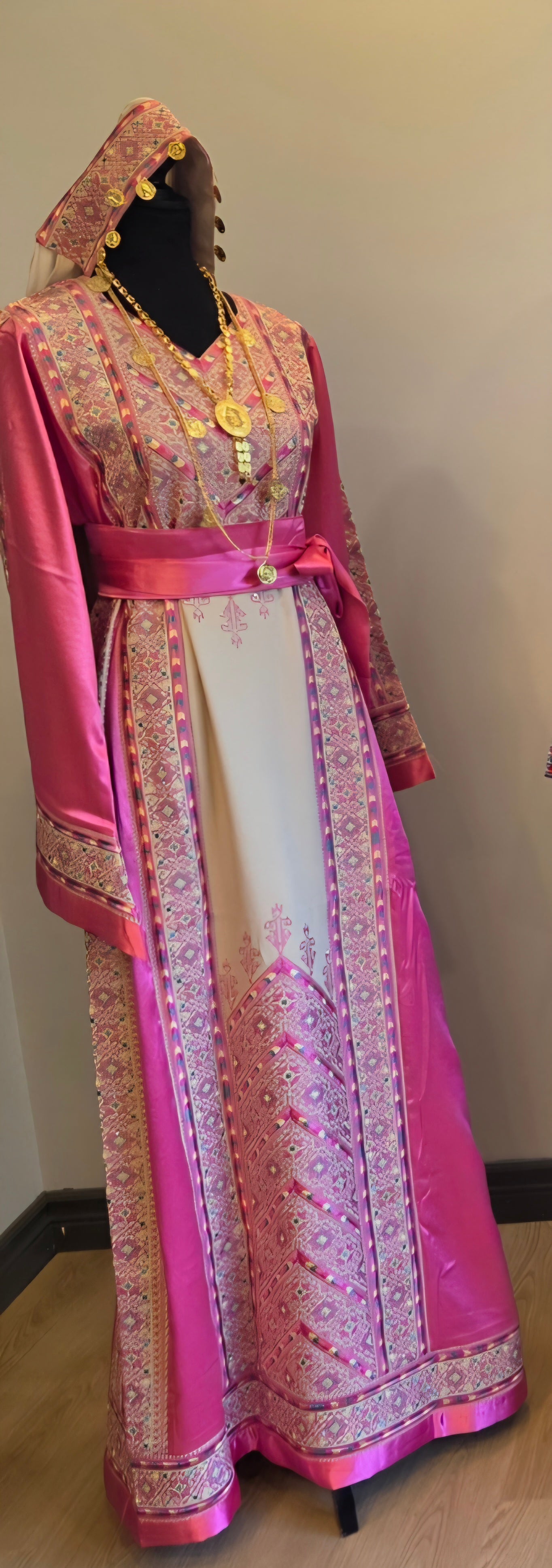 Nabuls Thobe - Hot Pink and Beige Traditional Full Tatreez Back and Front Thobe