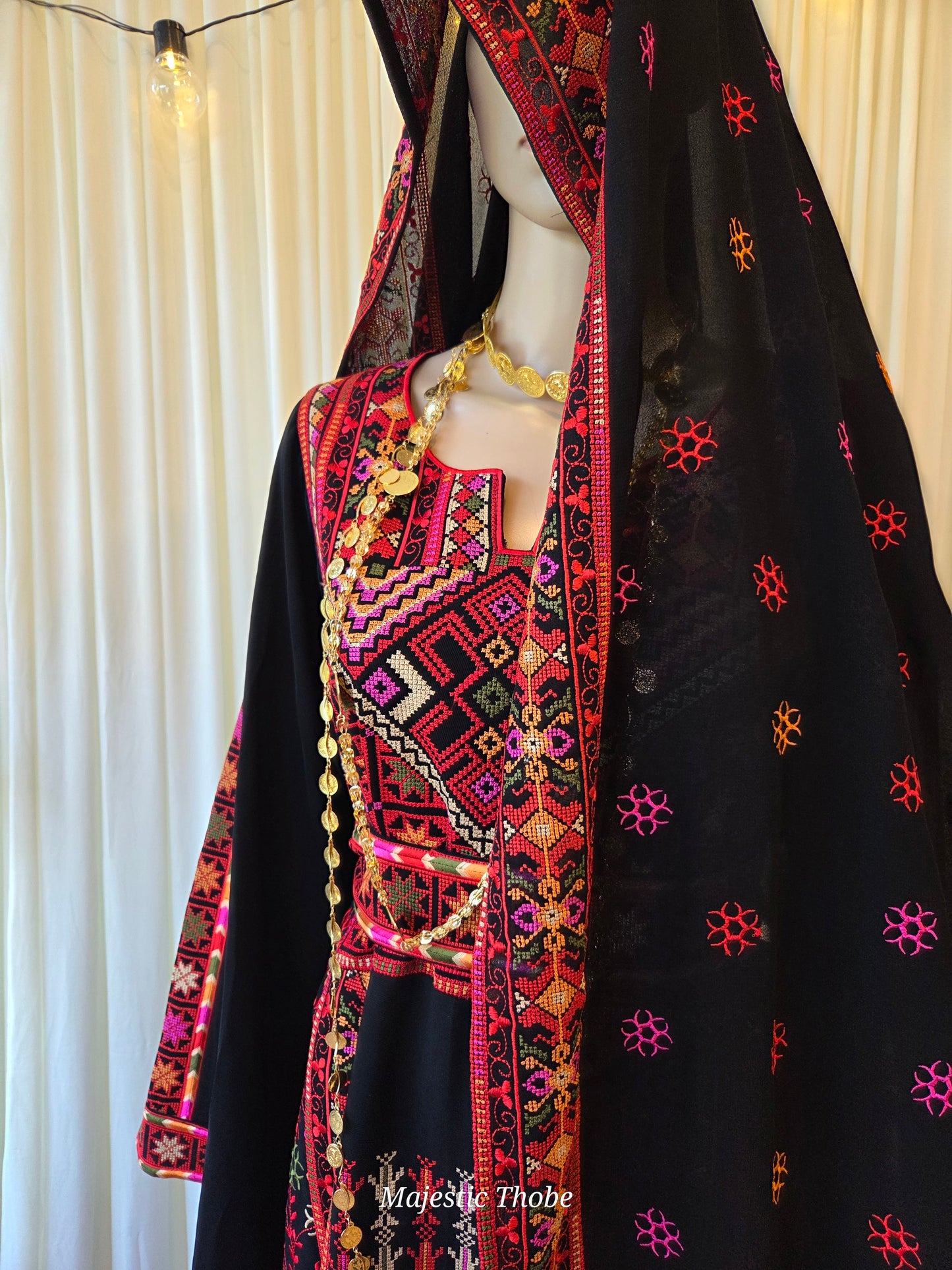 The Carmen Thobe - Palestinian Embroidered Black & Red Thobe with Matching Head Veil, Belt & Extra Long Sleeves | Traditional Tatreez Dress