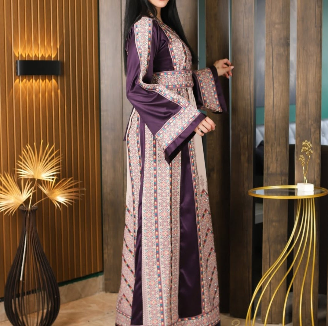 Nabuls Thobe - Purple and Beige Traditional Full tatreez back and front Thobe (No veil)