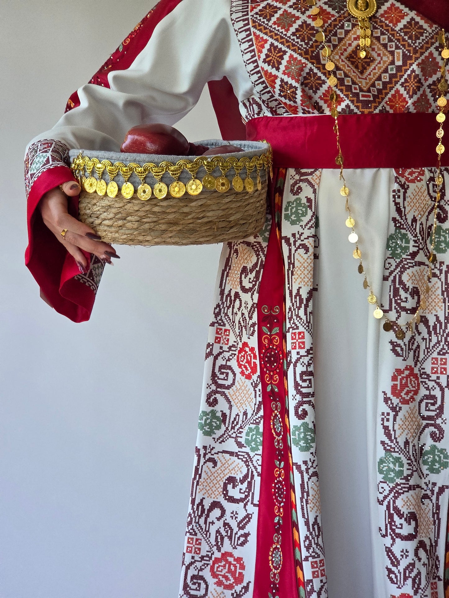 The Nisma Thobe - Bridal White and Red Traditional Full tatreez Back and Front Thobe With Matching Head Veil