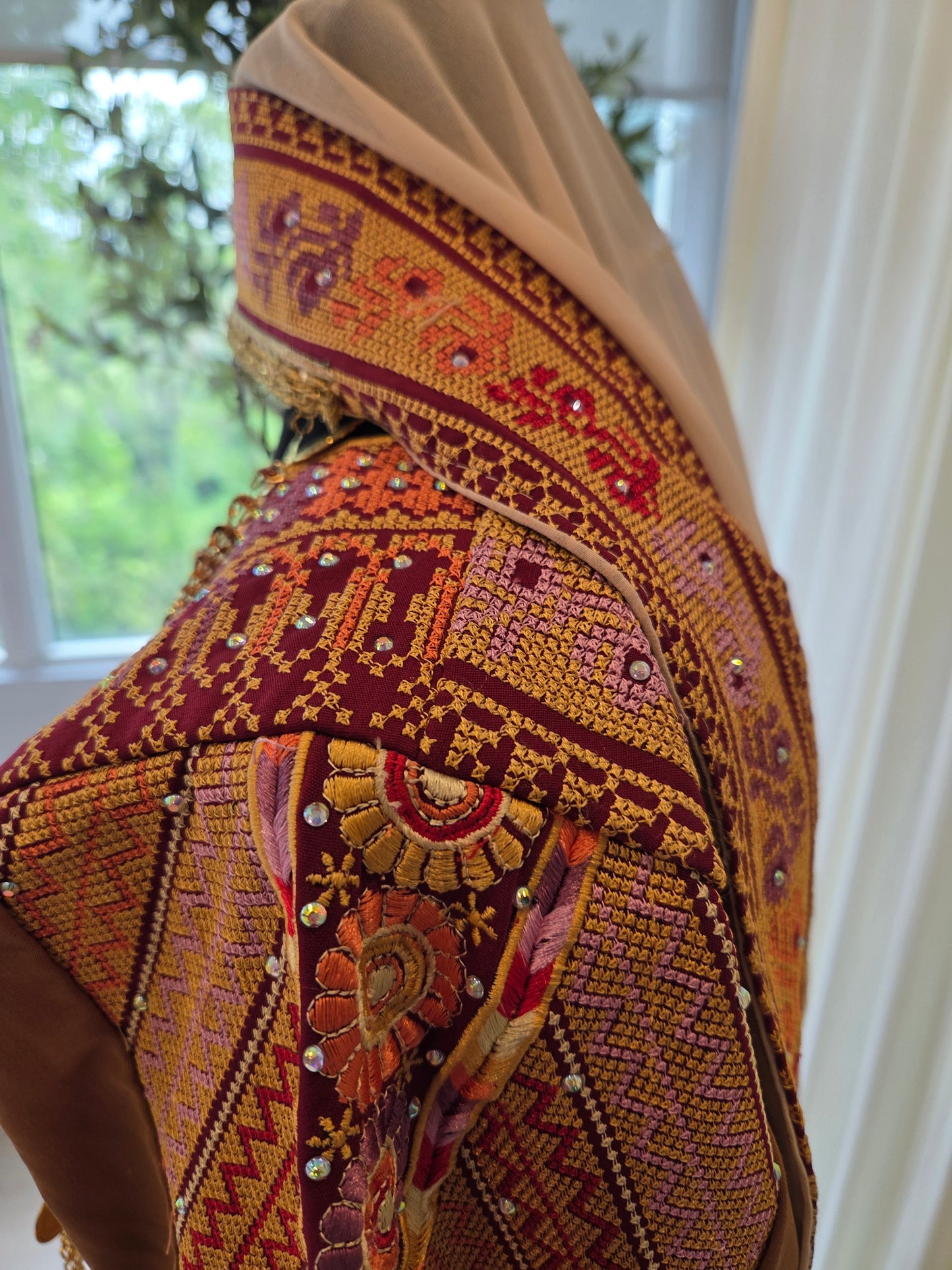 Naya Thobe - Burgundy and Gold Embroidered Tatreez Thobe with Matching Head Veil (Palestinian Thobe/ Dress)