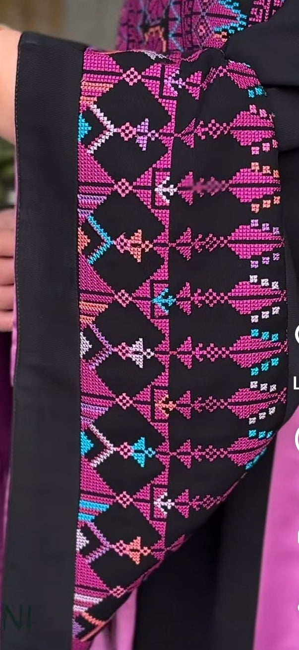 The Asia Thobe Black & Hot Pink Modern Full tatreez & Satin back and front Thobe With Matching head Veil