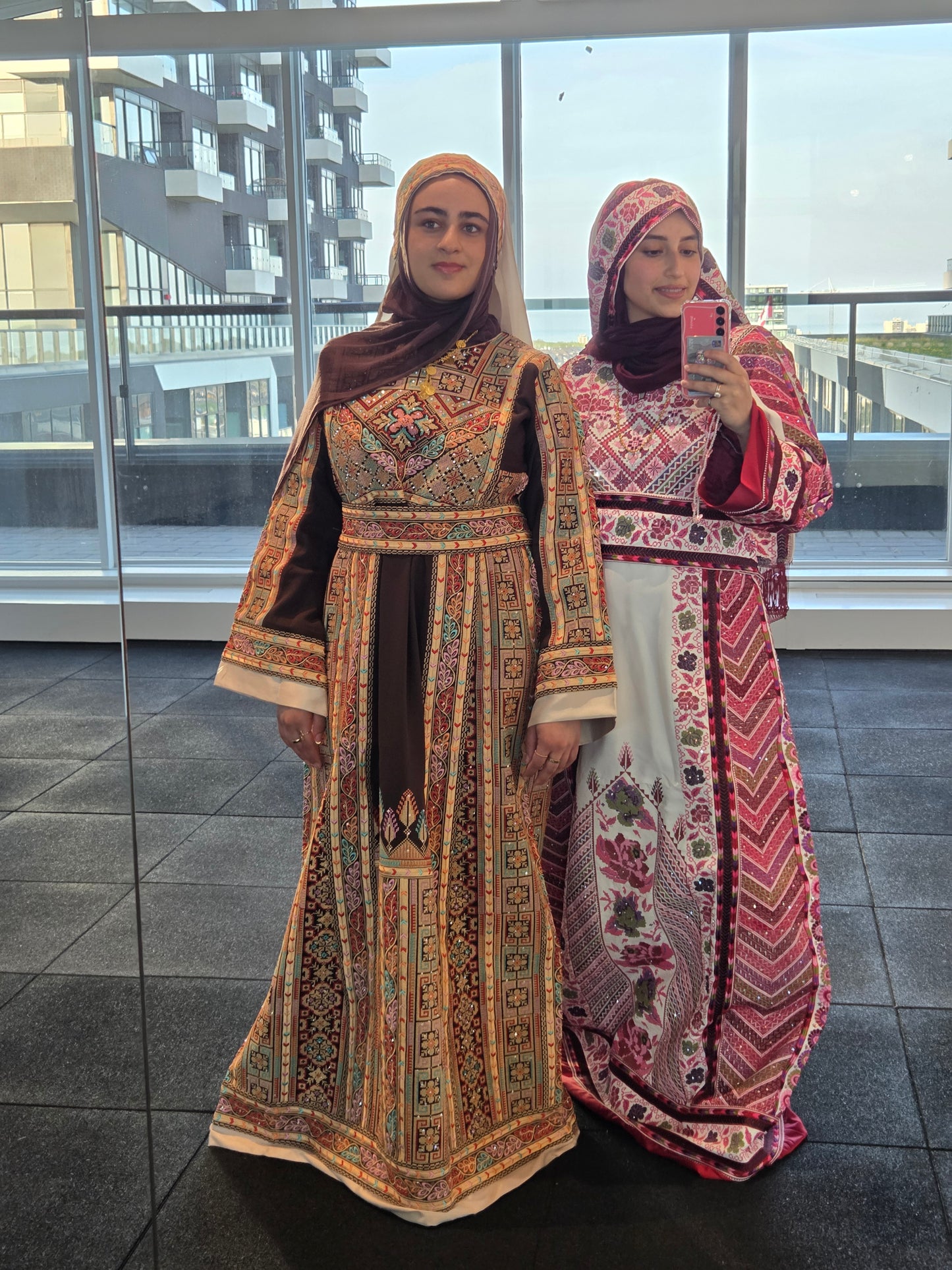 Shaima Thobe Brown Traditional Full Tatreez Back and Front Thobe With Matching head Veil