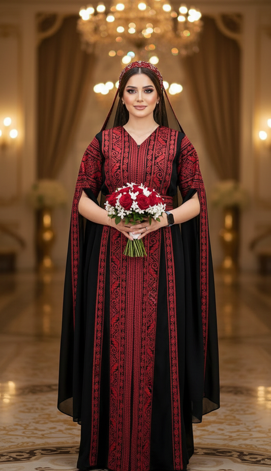 Black & Red Extra Long Sleeve Full Embroidered Palestinian Thobe (3 pieces) - Al Tulkarem Thobe