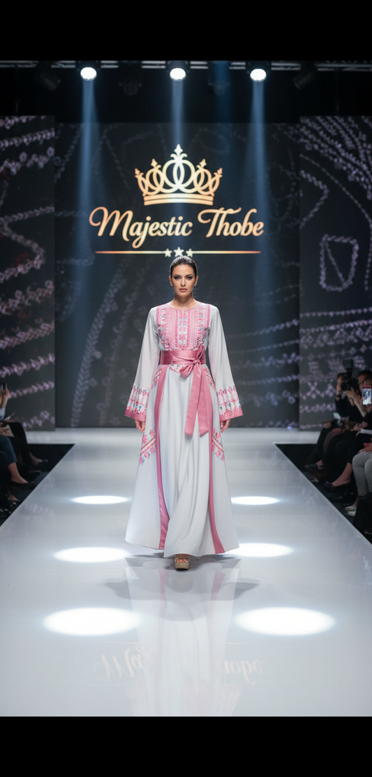 Asia Thobe Pink & Beige Modern Full tatreez & Satin back and front Thobe With Matching head Veil