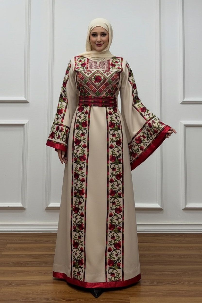 Romana Pomegranate Thobe/Dress Beige and Red Traditional Full Tatreez Back and Front Thobe