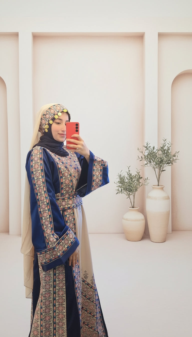 Nabuls Thobe - Navy and Beige Traditional Full tatreez back and front Thobe ( No veil)