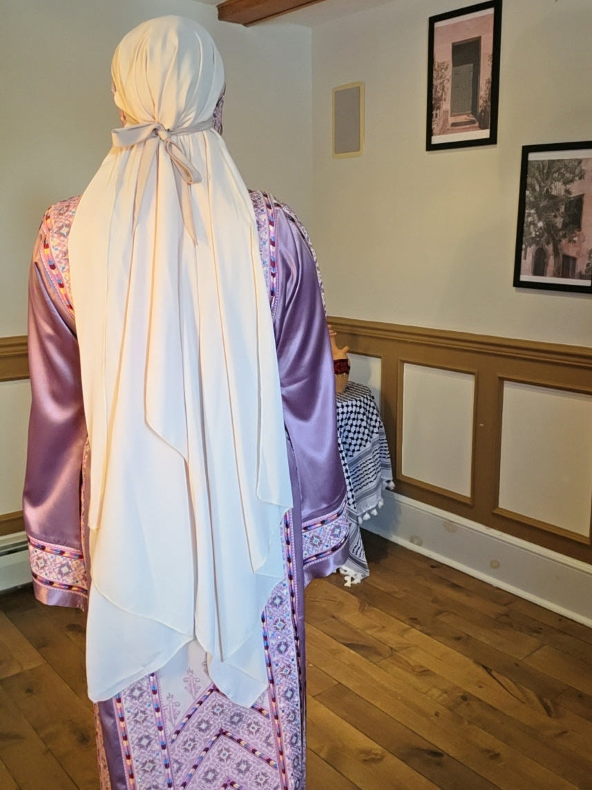 Nabuls Thobe - Lilac and Beige Traditional Full Tatreez Thobe ( No veil)