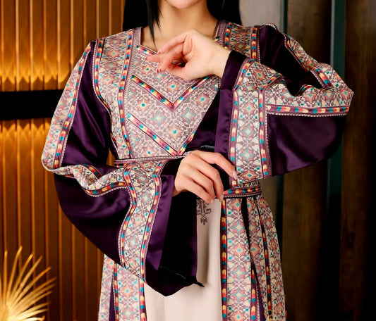 Nabuls Thobe - Purple and Beige Traditional Full tatreez back and front Thobe (No veil)
