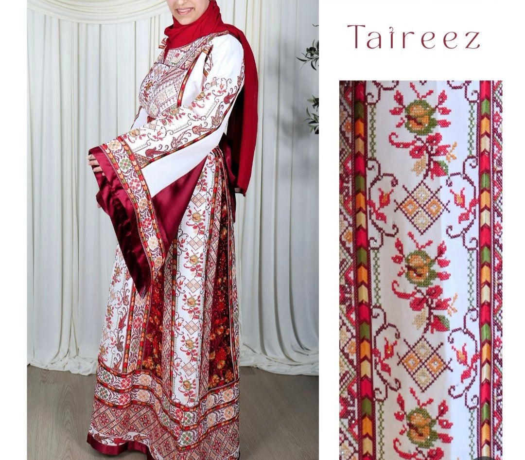 The Lamees Thobe - Bridal White and Burgundy Traditional Full tatreez Back and Front Thobe With Matching Head Veil