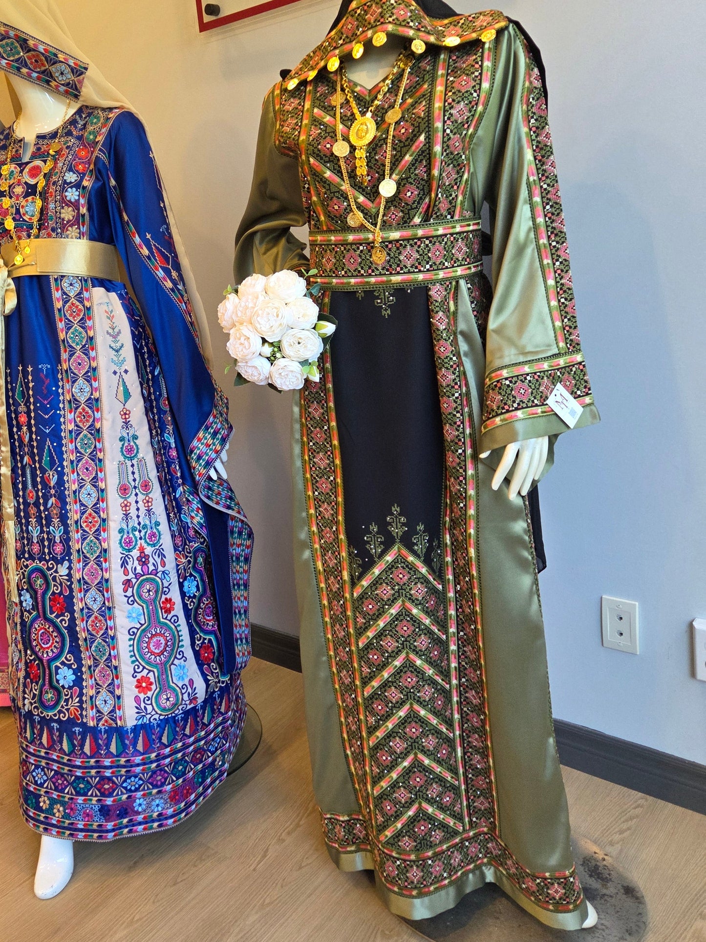 Nabuls Thobe - Olive Green and Beige Traditional Full Tatreez Back and Front Thobe