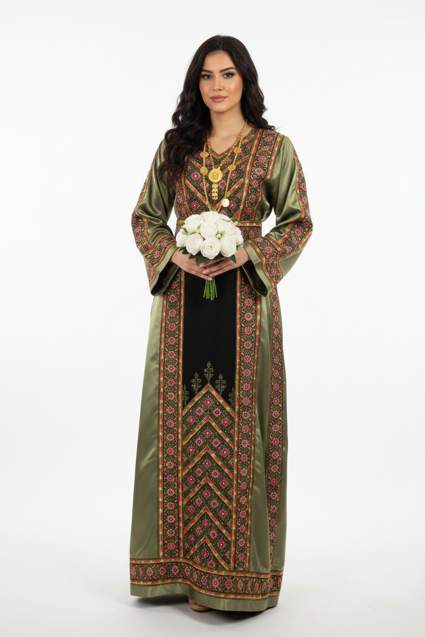 Nabuls Thobe - Olive Green and Beige Traditional Full Tatreez Back and Front Thobe