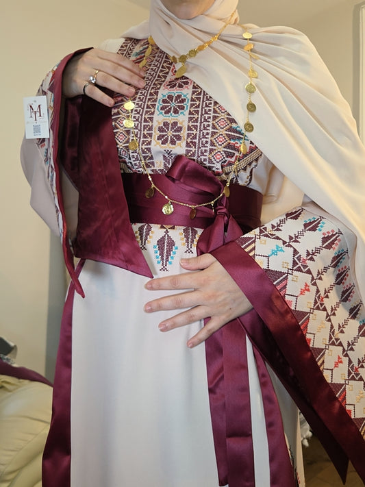 Asia Thobe Burgendy & Beige Modern Full tatreez & Satin back and front Thobe With Matching head Veil