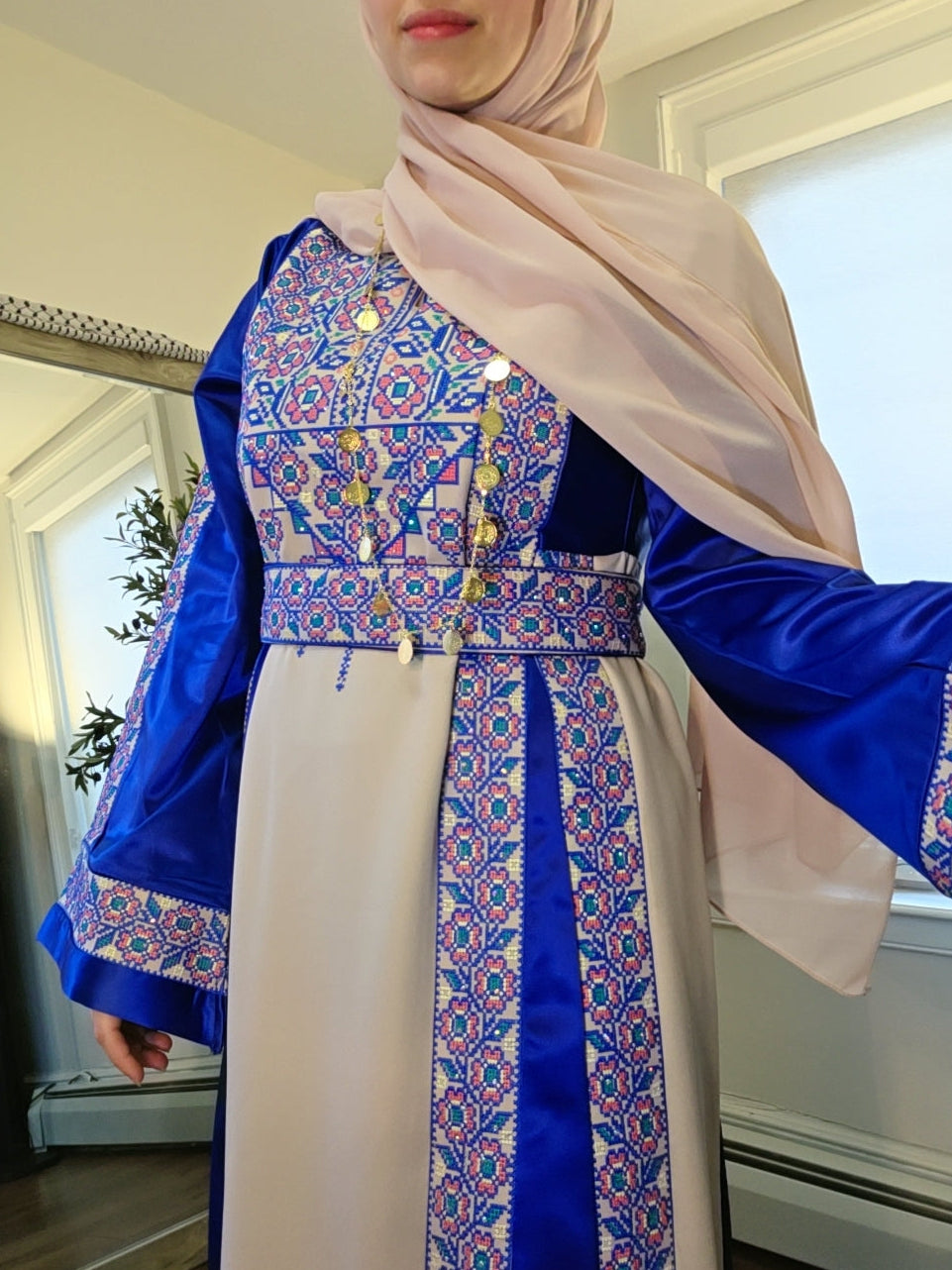 The Poppy Flower Thobe - Bright Blue/Beige With Flowers & Sparkle Traditional Long Sleeve Full Embroidered Palestinian Thobe/Dress