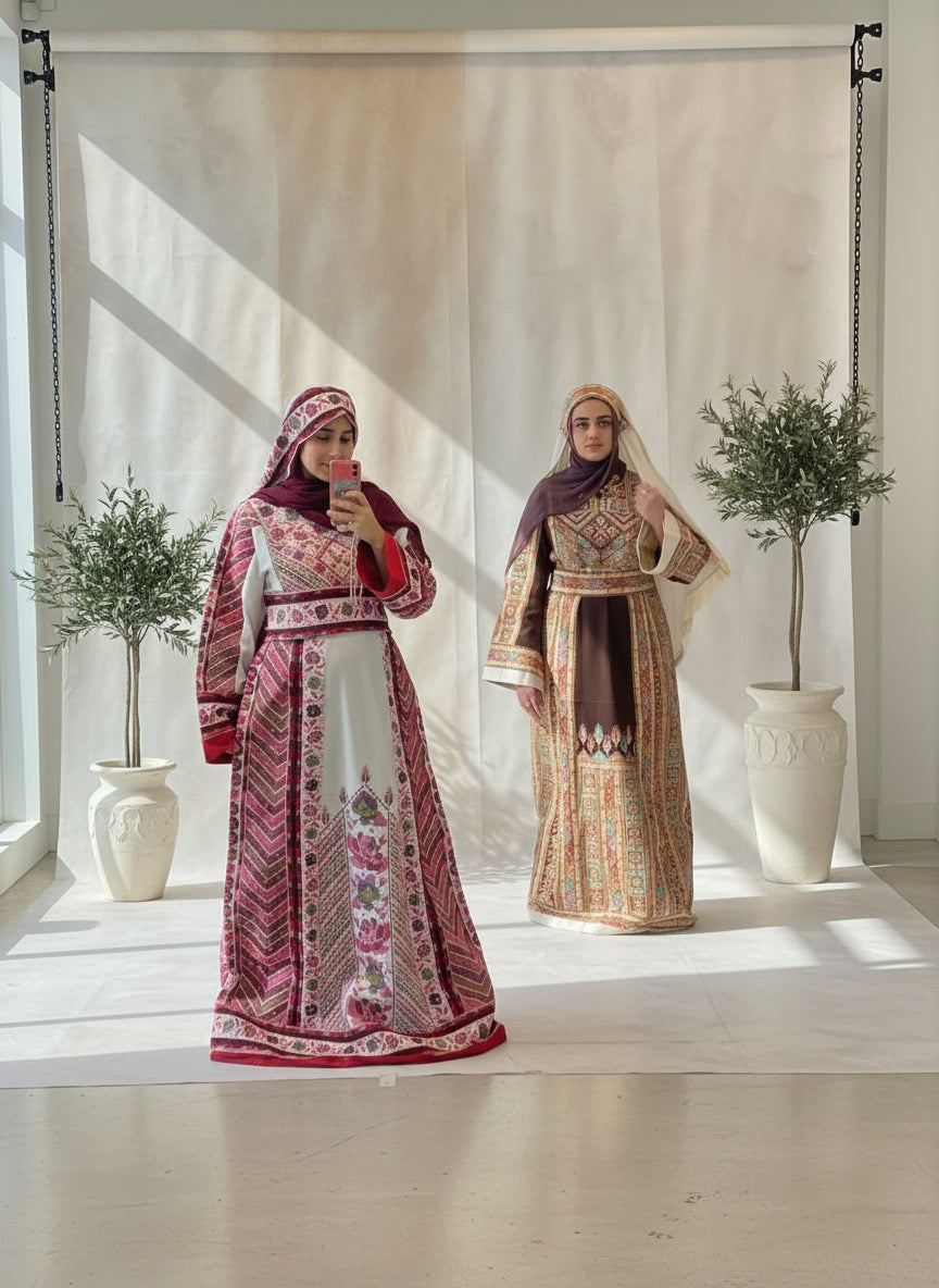 Flora Thobe Floral Traditional Full Tatreez back and front Thobe With Veil