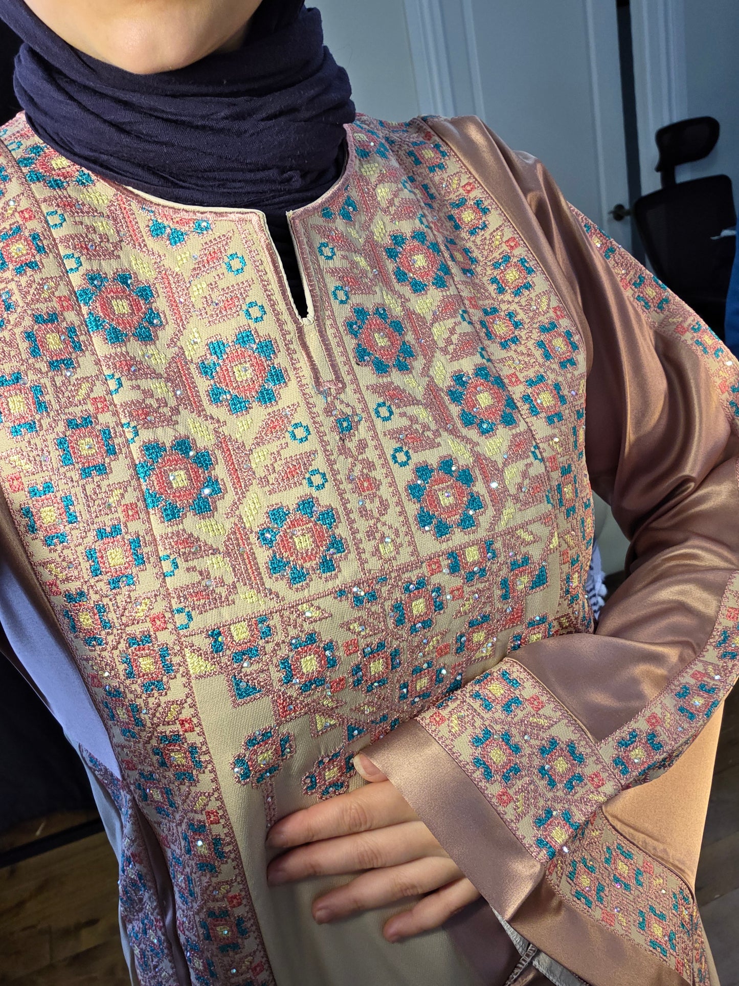 The Poppy Flower Thobe - Light Pink/Beige With Flowers & Sparkle Traditional Long Sleeve Full Embroidered Palestinian Thobe/Dress