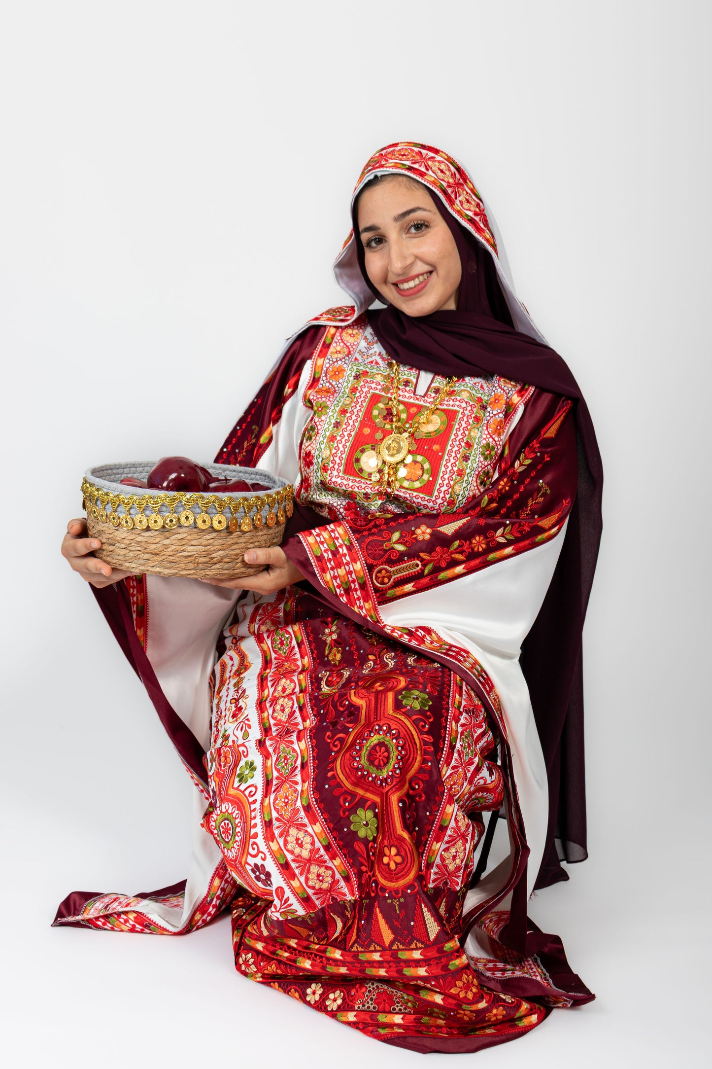 The Celine Thobe - Palestinian Embroidered White & Burgendy Thobe with Matching Head Veil, Belt & Extra Long Sleeves | Traditional Tatreez Dress