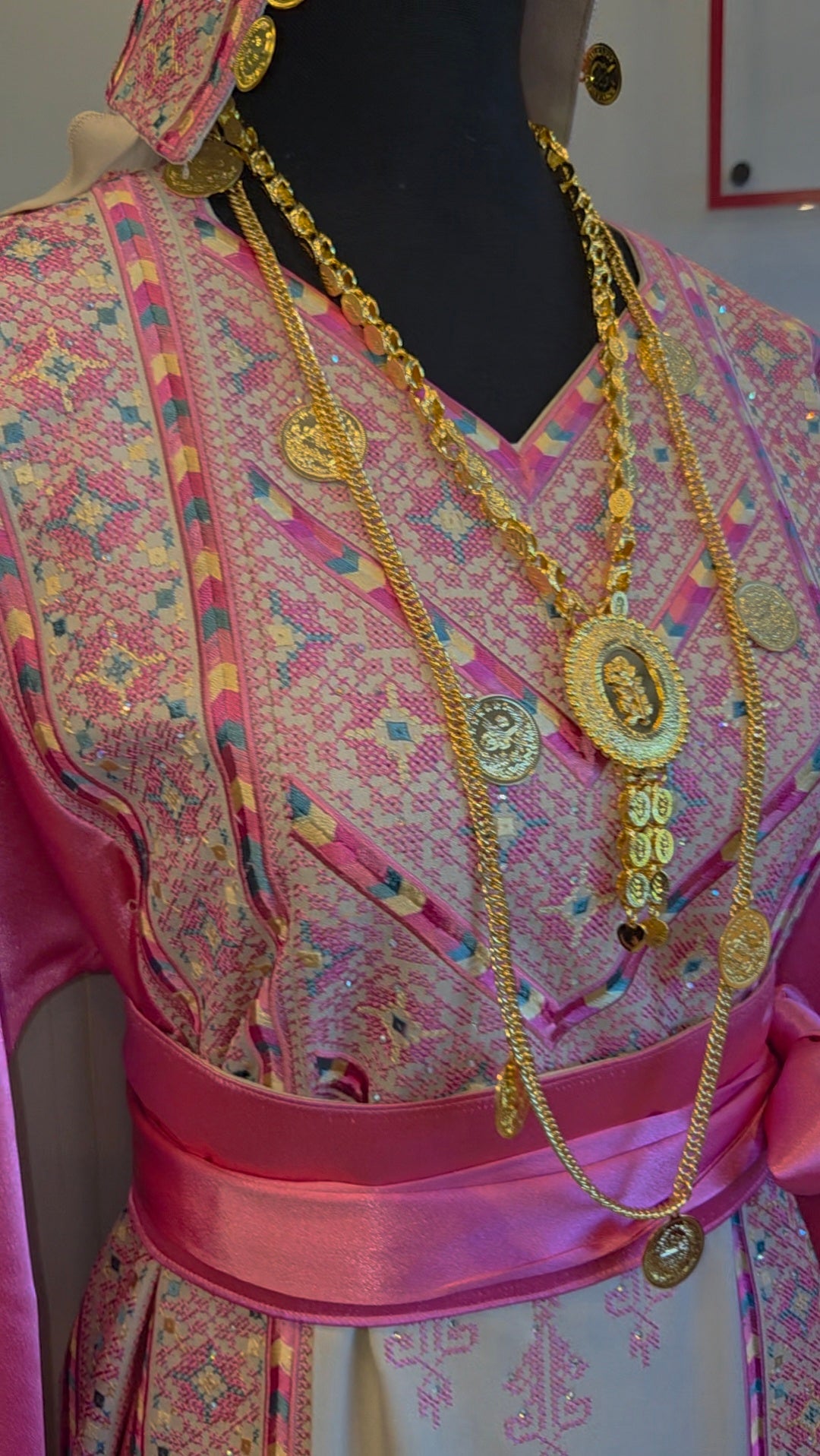 Nabuls Thobe - Hot Pink and Beige Traditional Full Tatreez Back and Front Thobe
