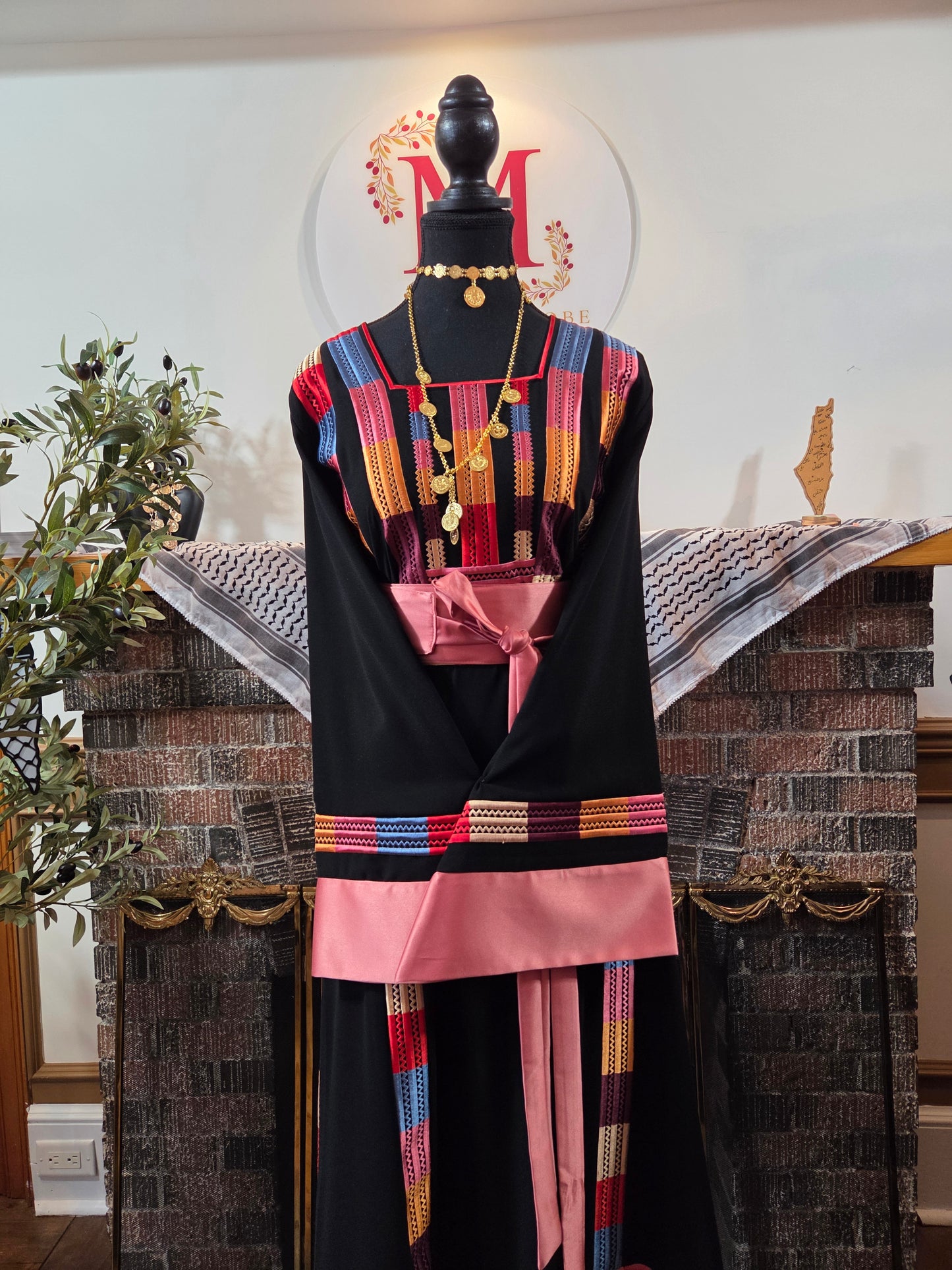 Lara Thobe - Multicolor Satin Pink Sleeve Thobe Tatreez Thobe