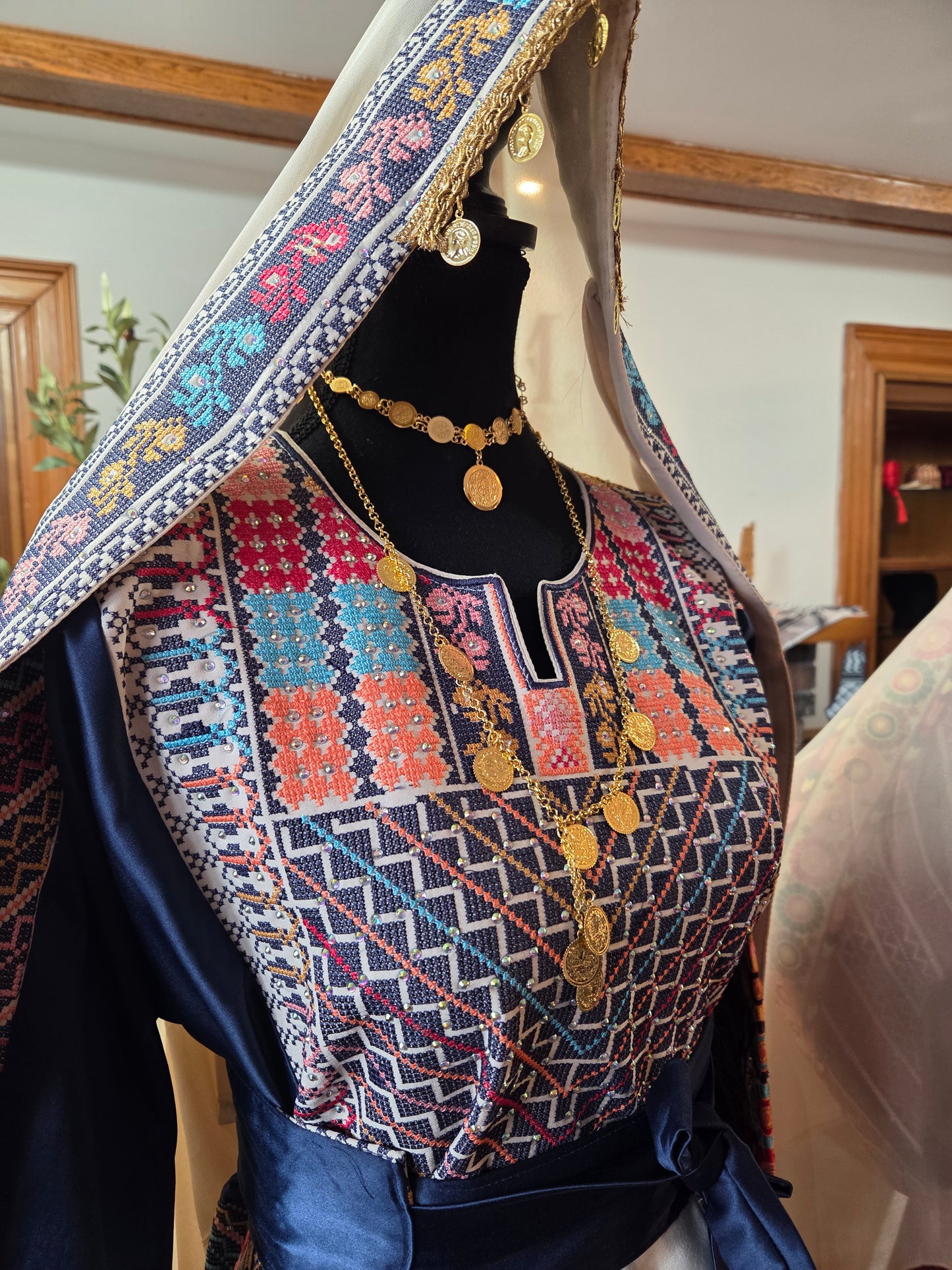 Naya Thobe - Blue and White Embroidered Tatreez Thobe with Matching Head Veil (Palestinian Thobe/ Dress)