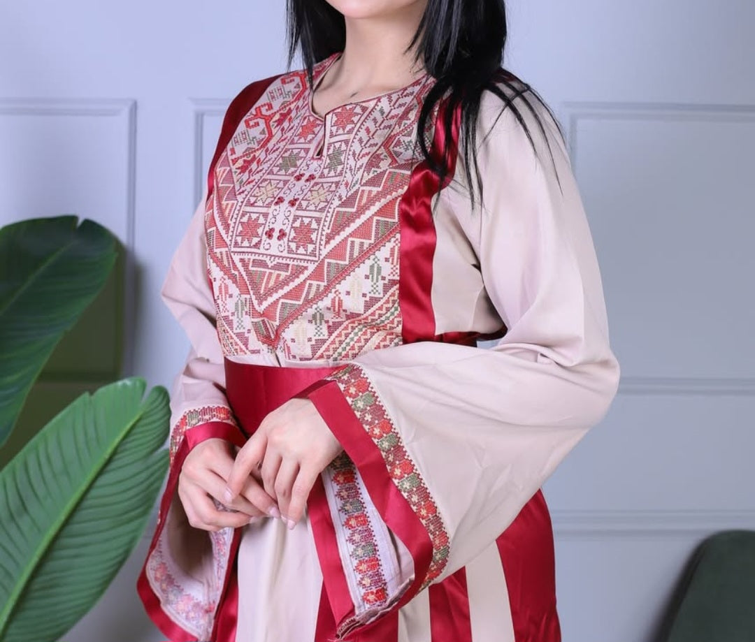 Dalal Thobe Traditional Long Sleeve Embroidered With Satin Palestinian Thobe/Dress