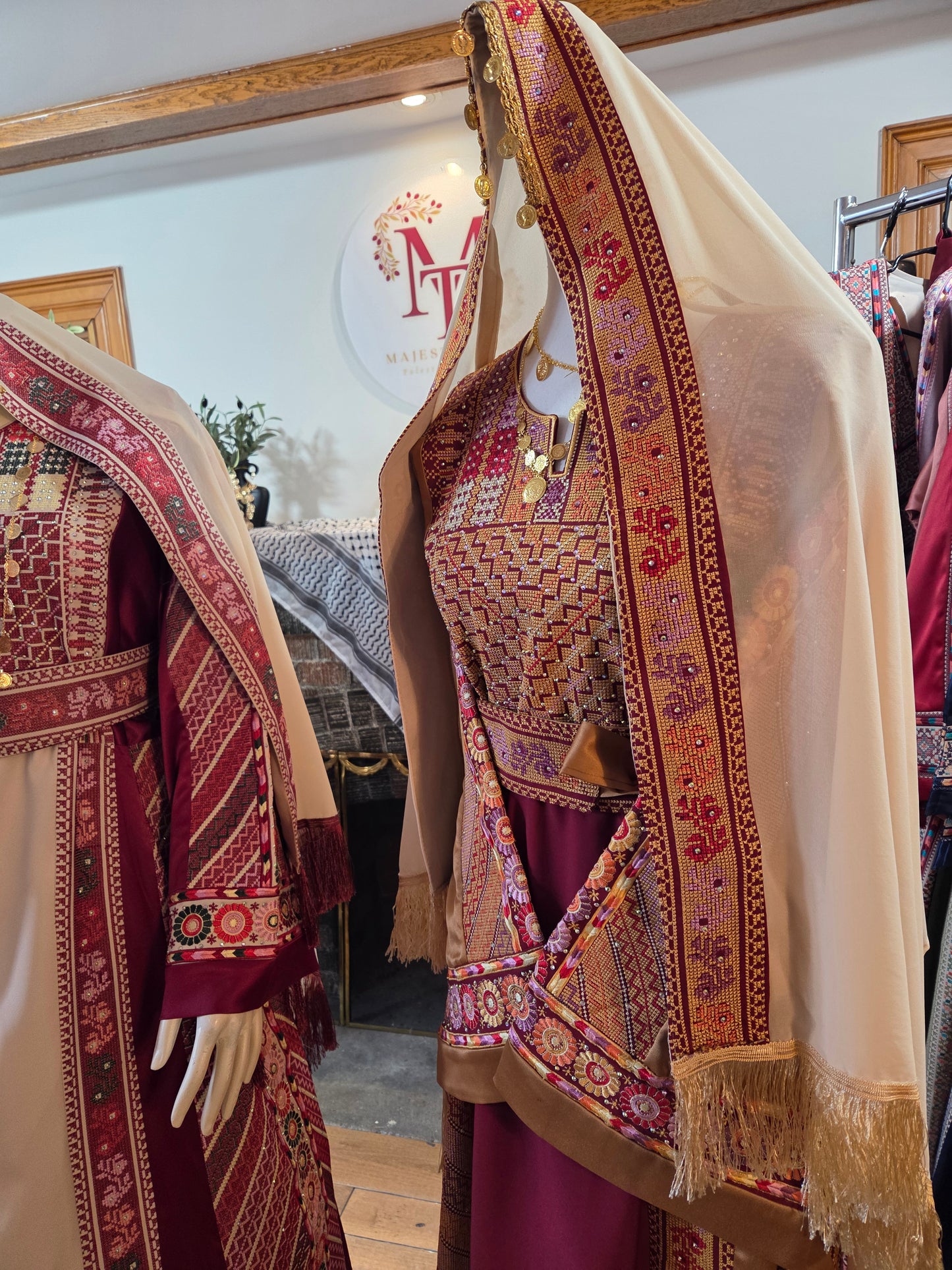 Naya Thobe - Red and White Embroidered Tatreez Thobe with Matching Head Veil (Palestinian Thobe/ Dress))