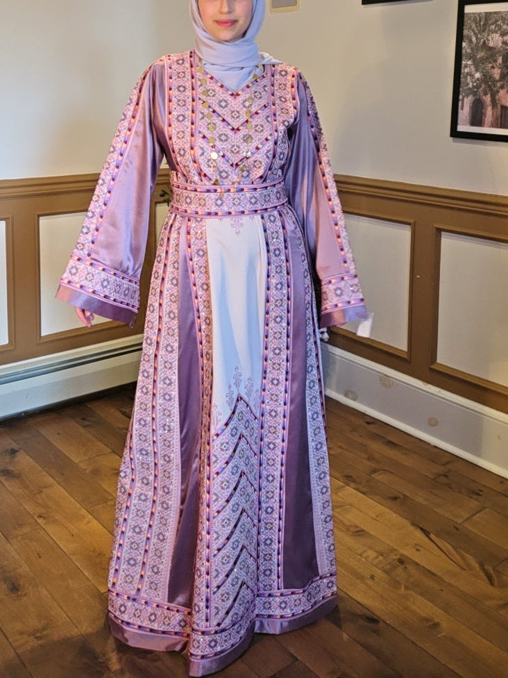 Nabuls Thobe - Lilac and Beige Traditional Full Tatreez Thobe ( No veil)