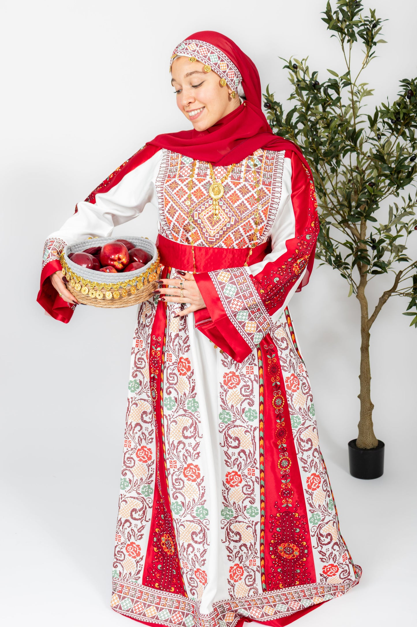 The Nisma Thobe - Bridal White and Red Traditional Full tatreez Back and Front Thobe With Matching Head Veil