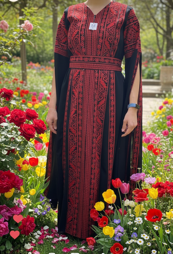 Black & Red Extra Long Sleeve Full Embroidered Palestinian Thobe (3 pieces) - Al Tulkarem Thobe