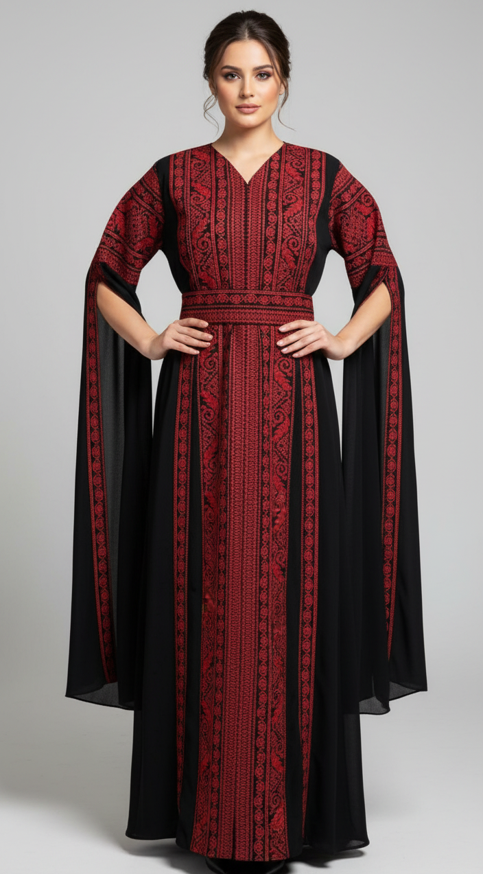 Black & Red Extra Long Sleeve Full Embroidered Palestinian Thobe (3 pieces) - Al Tulkarem Thobe