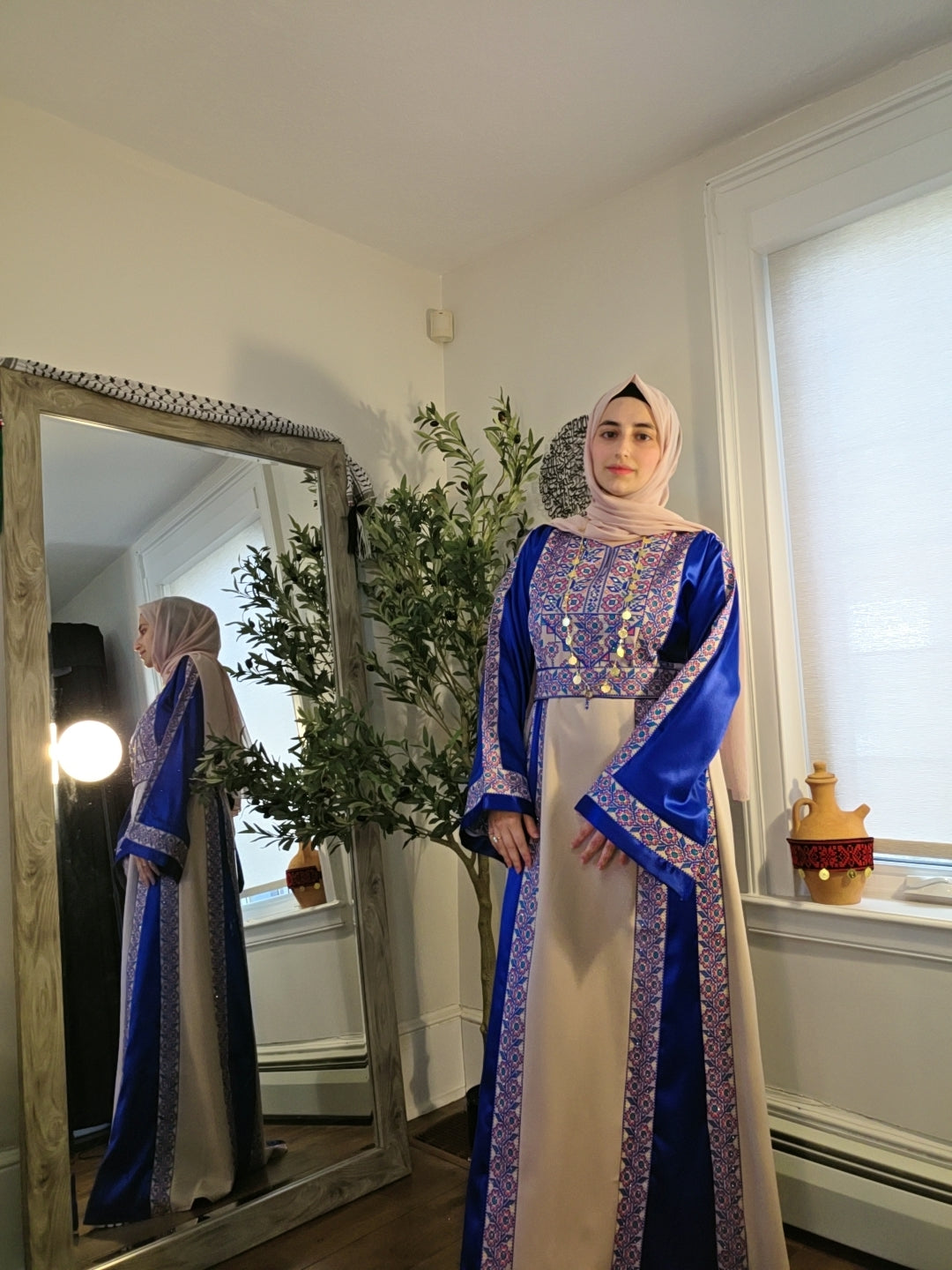 The Poppy Flower Thobe - Bright Blue/Beige With Flowers & Sparkle Traditional Long Sleeve Full Embroidered Palestinian Thobe/Dress
