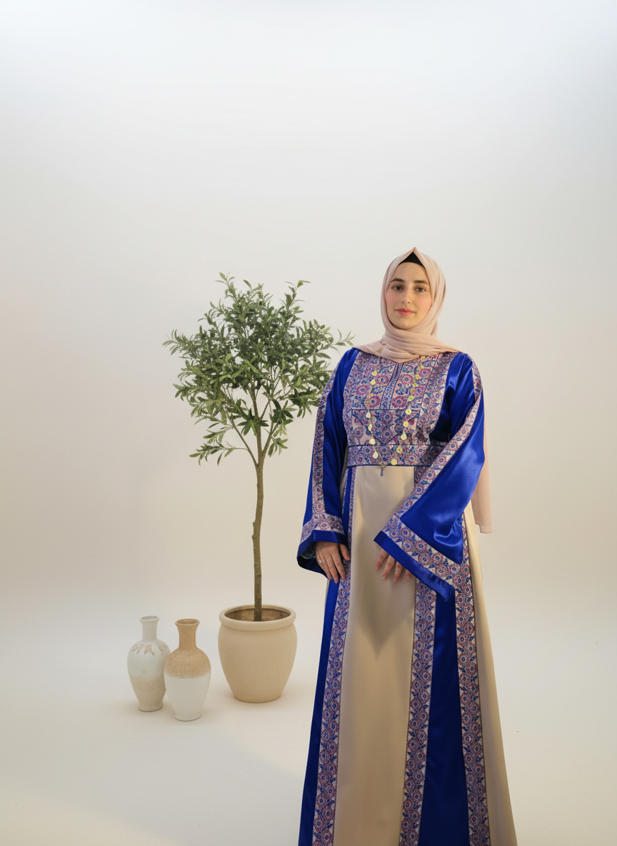 The Poppy Flower Thobe - Bright Blue/Beige With Flowers & Sparkle Traditional Long Sleeve Full Embroidered Palestinian Thobe/Dress