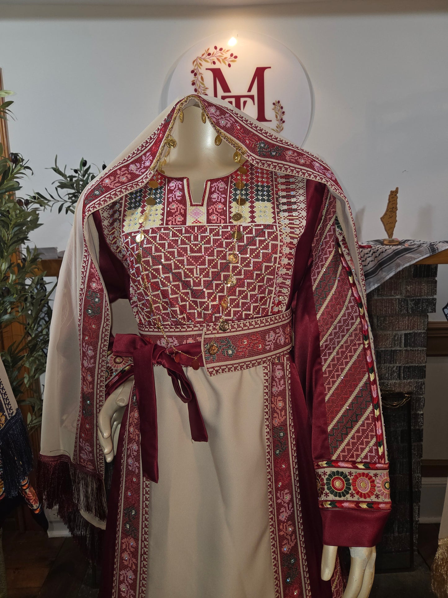 Naya Thobe - Red and White Embroidered Tatreez Thobe with Matching Head Veil (Palestinian Thobe/ Dress))