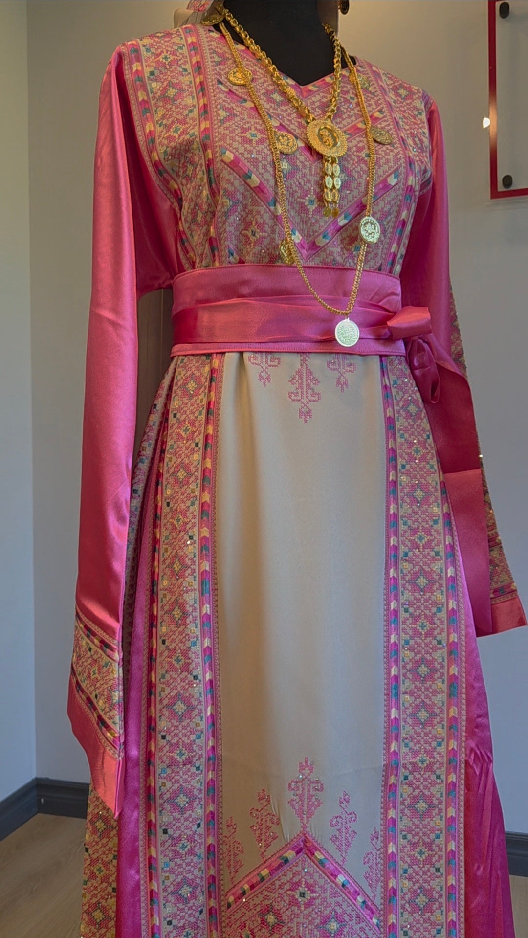 Nabuls Thobe - Hot Pink and Beige Traditional Full Tatreez Back and Front Thobe